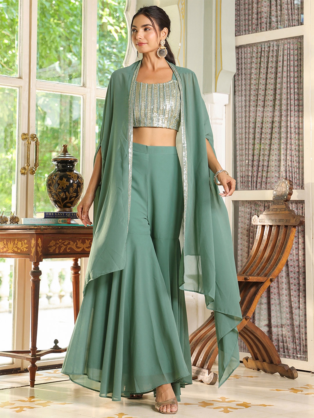 

Janasya Embellished Crop Top & Cape With Sharara Co-Ords, Green
