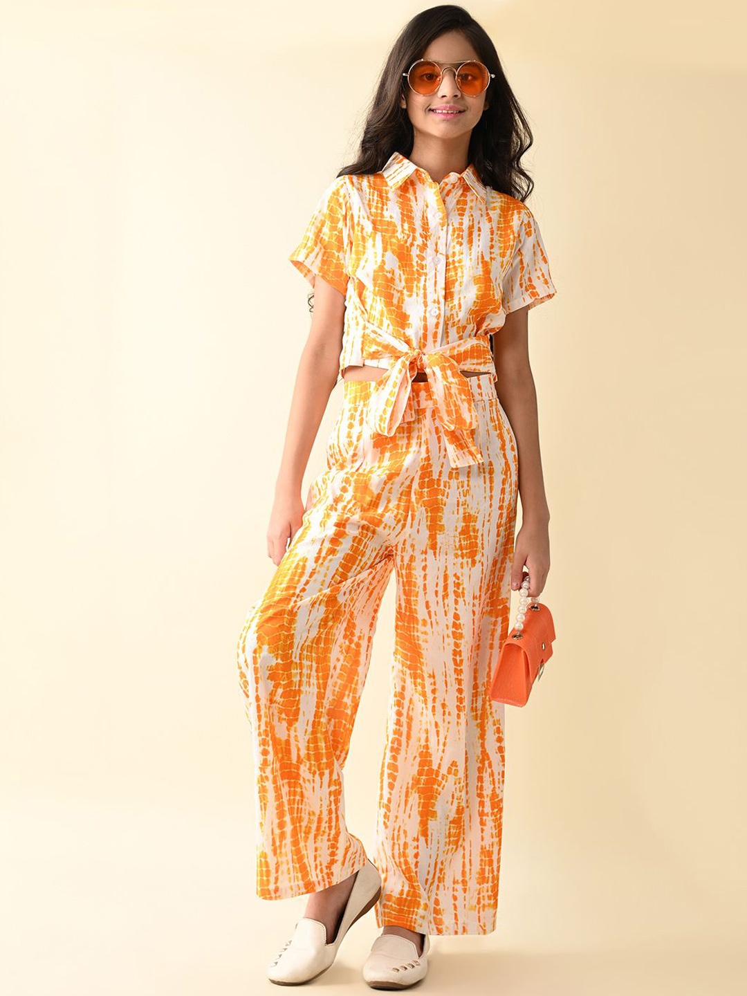 

RANJ Girls Printed Shirt With Palazzos Set, Orange