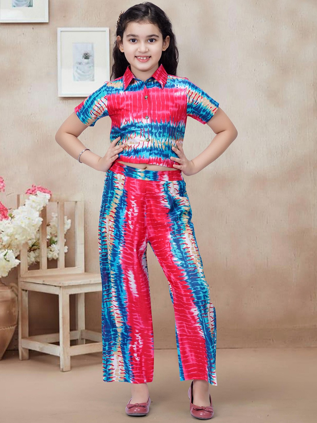 

RANJ Girls Printed Shirt With Palazzos Set, Blue