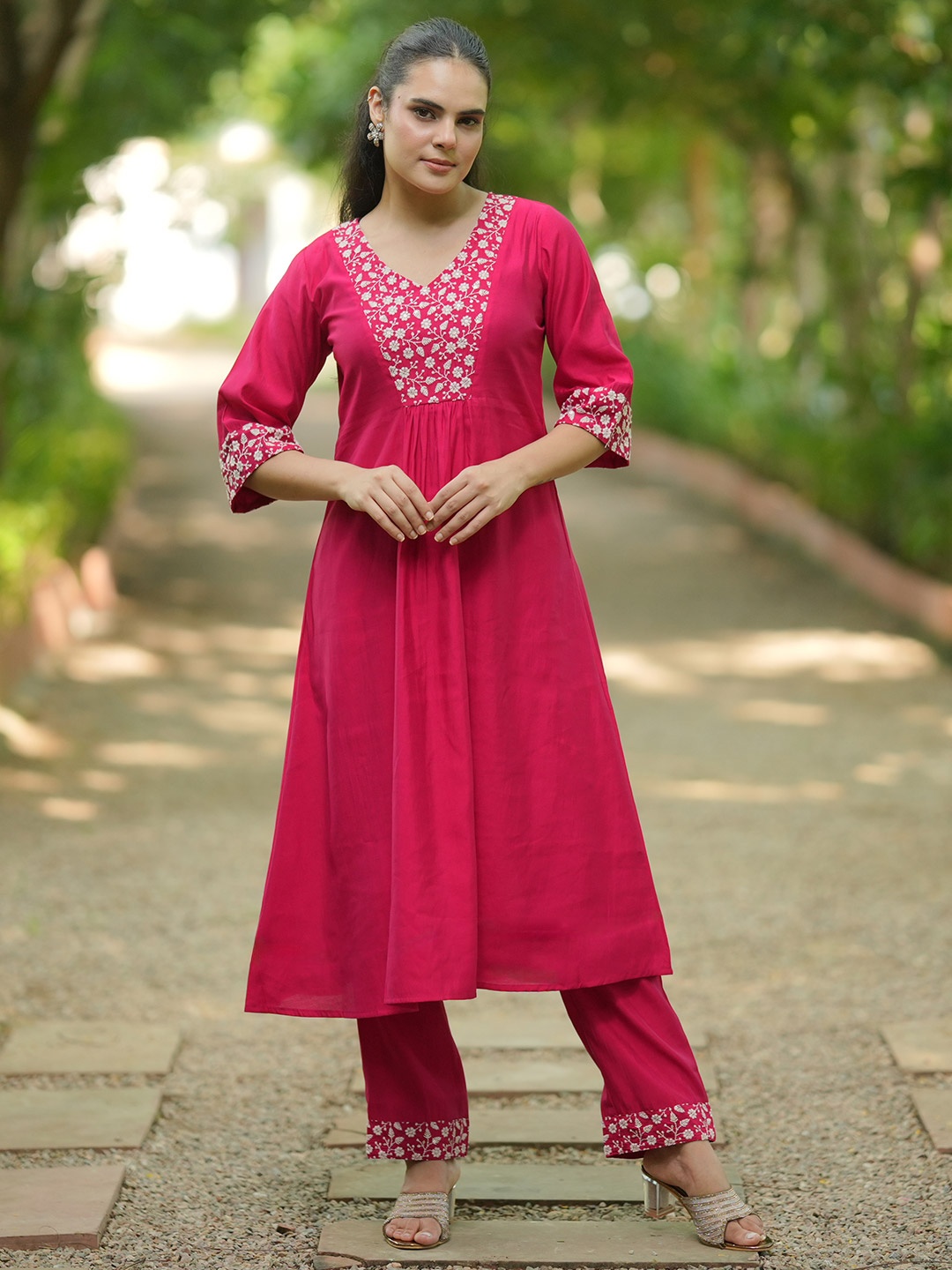 

Libas Women Floral Yoke Design Pleated Thread Work Kurta with Trousers, Pink