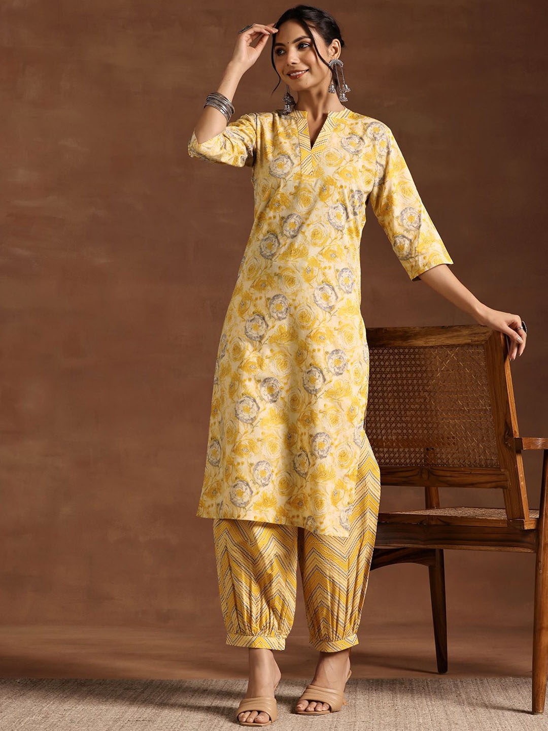 

Libas Women Floral Printed Regular Pure Cotton Kurta with Salwar, Mustard