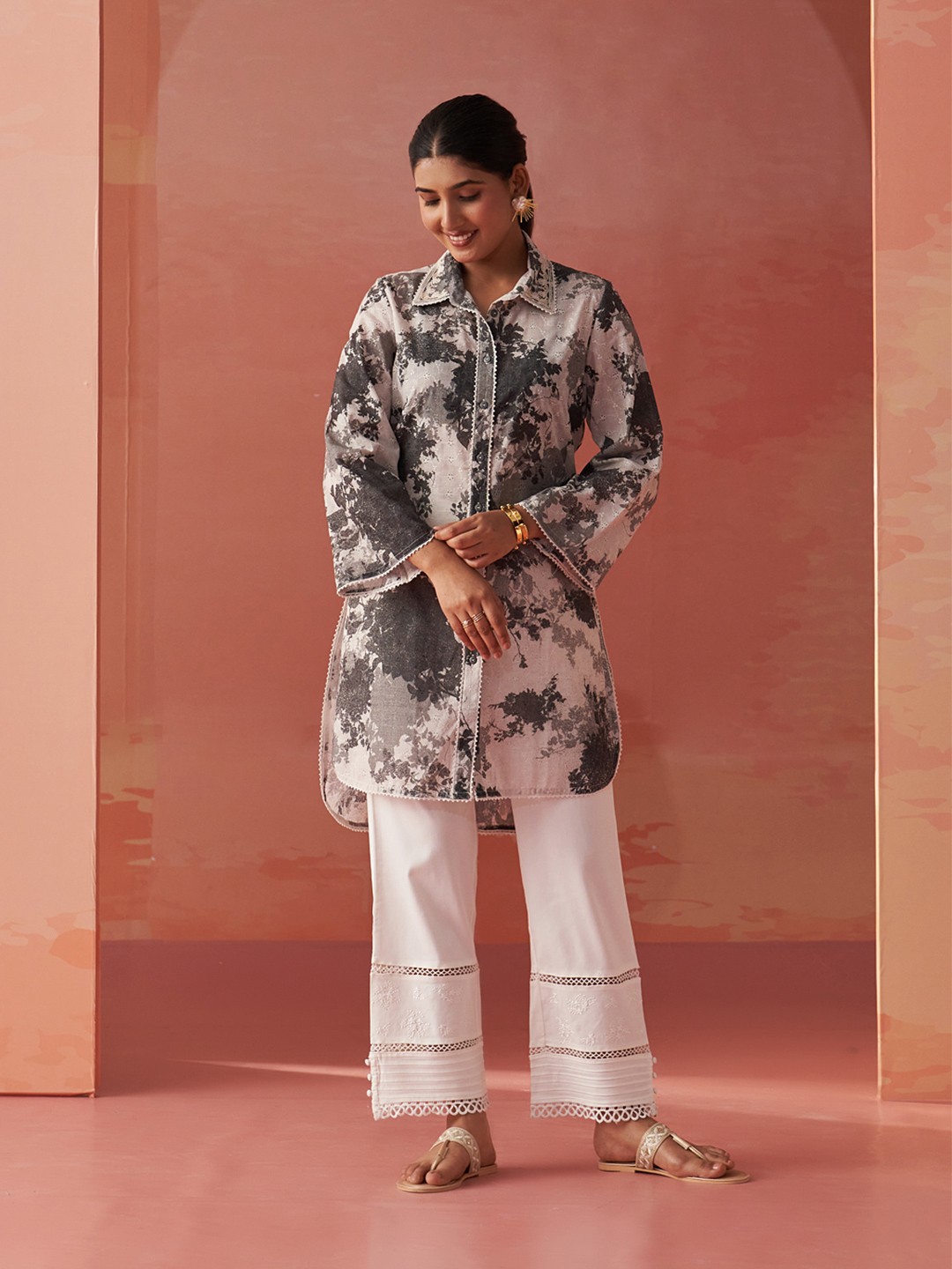 

Lakshita Shirt Collar Printed Tunic, Grey