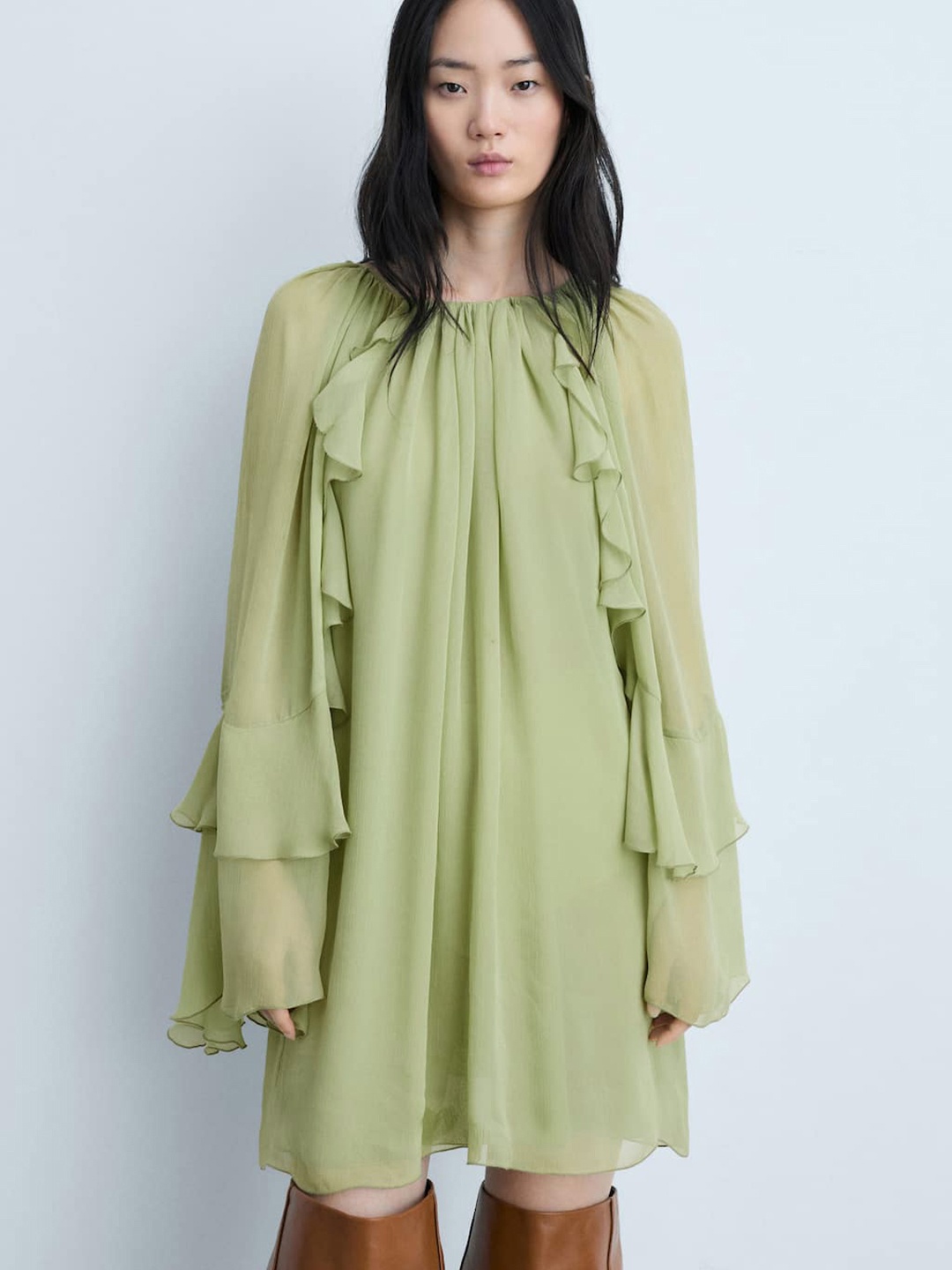 

MANGO Tie-Up Neck Flared Sleeve Sheath Dress, Green