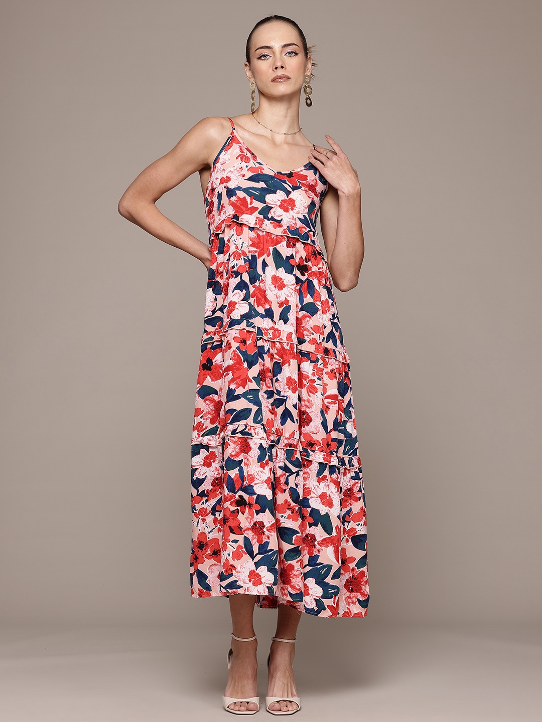 

bebe Brighter Basics Floral Print Tiered A-Line Midi Dress, Pink