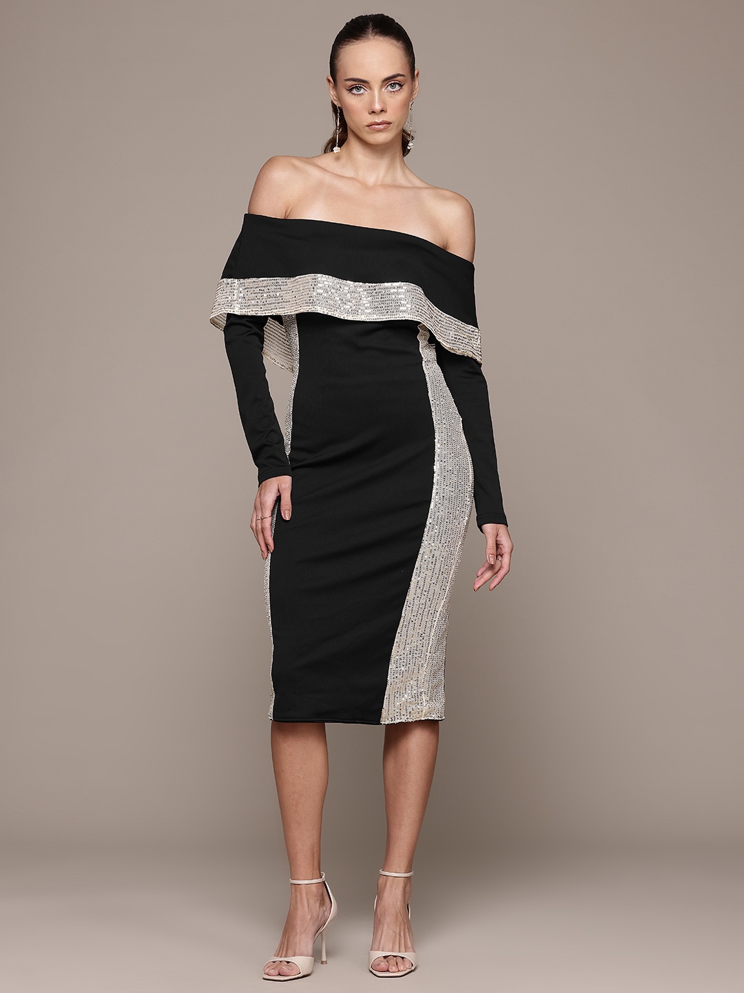 

bebe Future Glam Off-Shoulder Bodycon Dress, Black