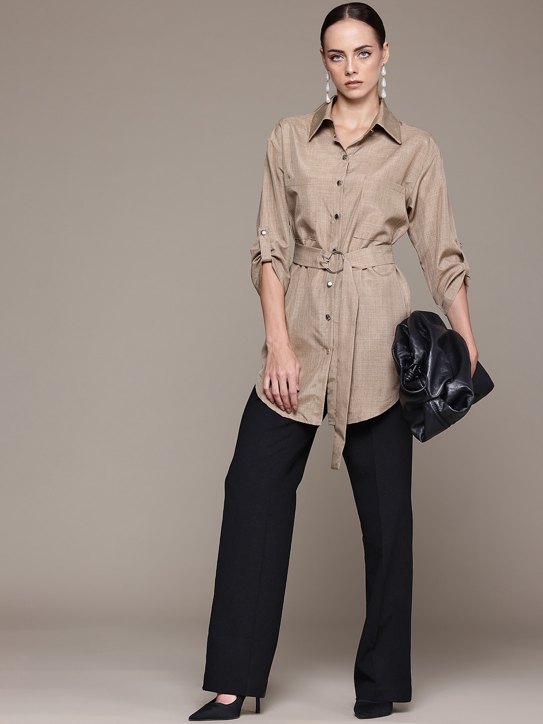 

bebe All Day Belted Longline Casual Shirt, Khaki