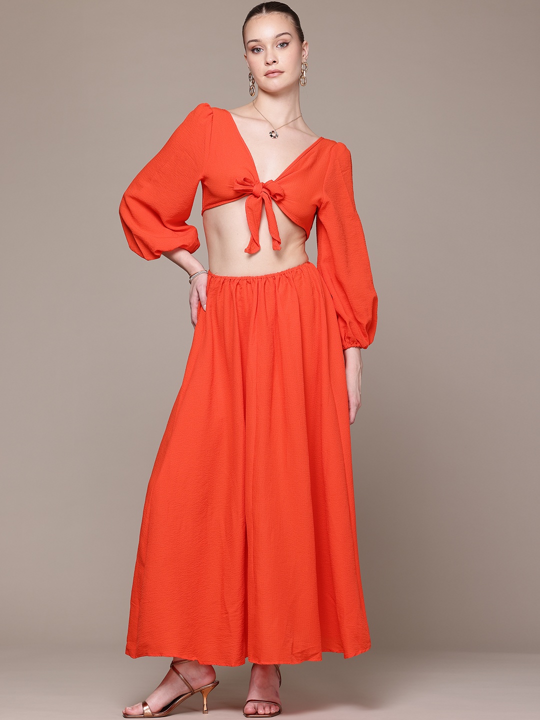 

bebe Vibrant Vacay Cut-Out Detail Knot Maxi Dress, Orange