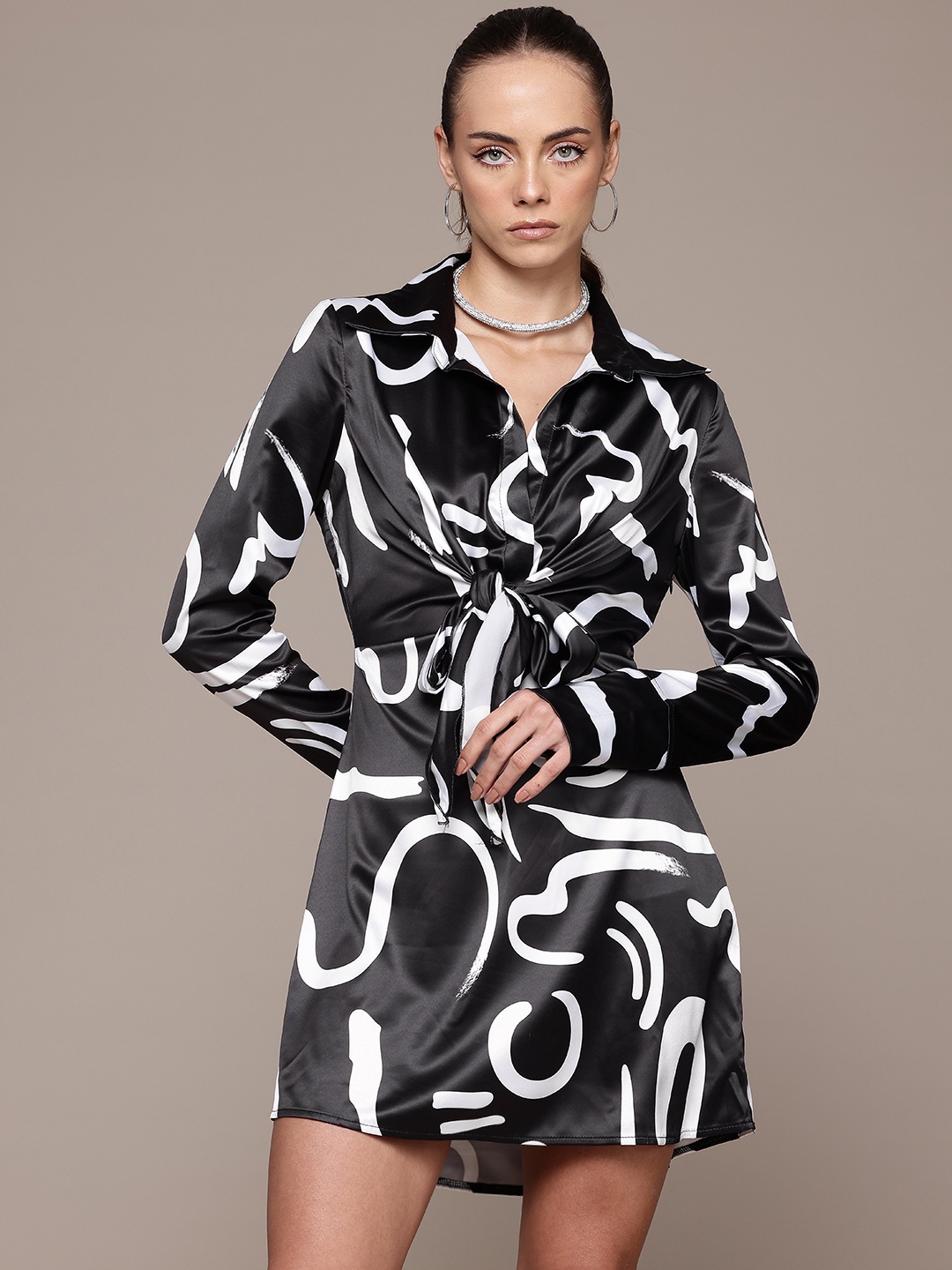 

bebe Future Glam Abstract Printed Satin Finish Printed Shirt Mini Dress, Black