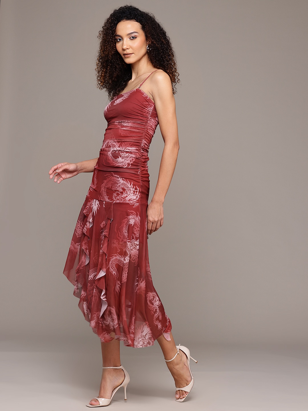 

bebe Print Ruffled Net Fit & Flare Midi Dress, Rust