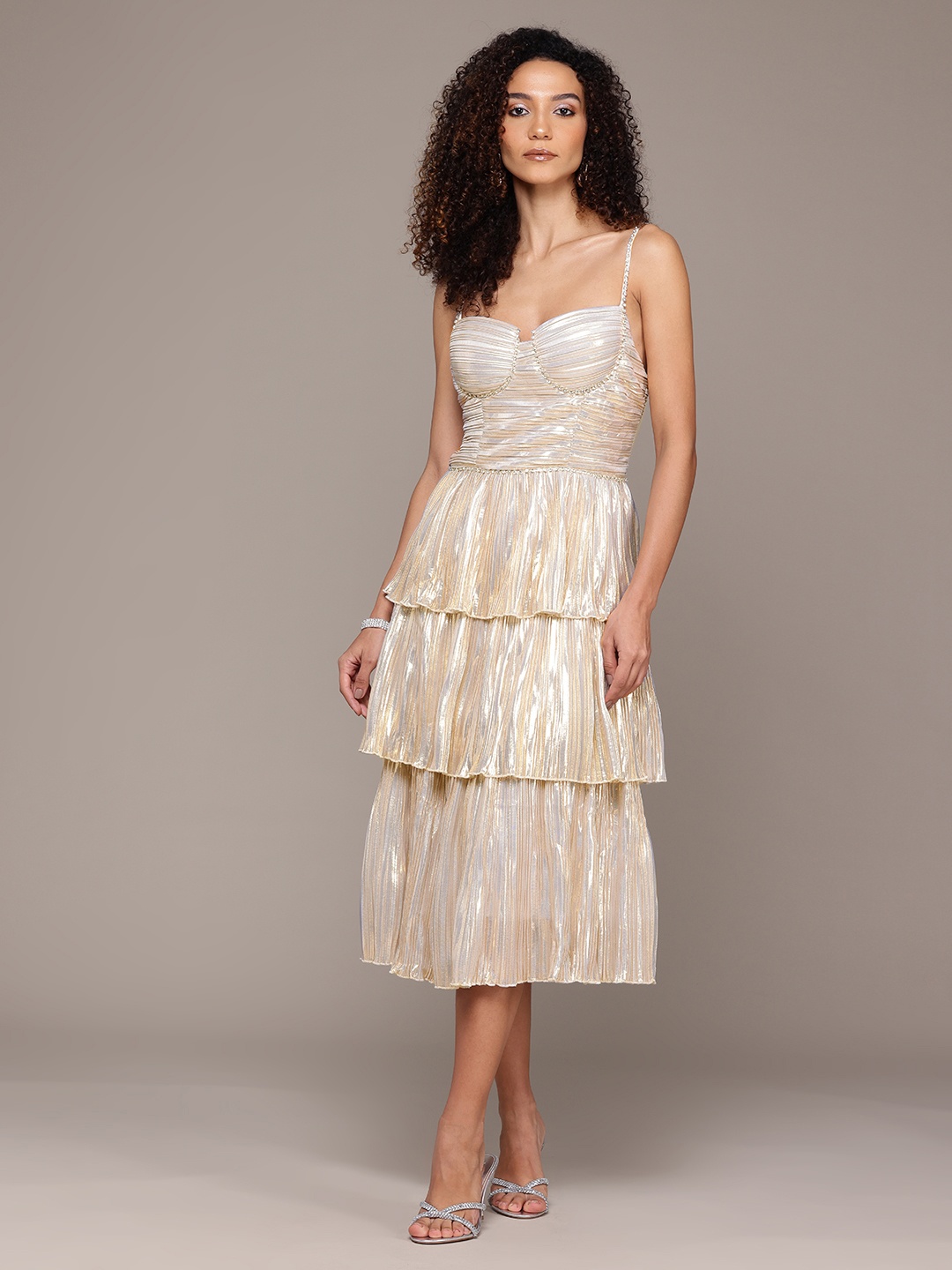 

bebe Future Glam Fit & Flare Accordion Pleated Midi Dress, Gold