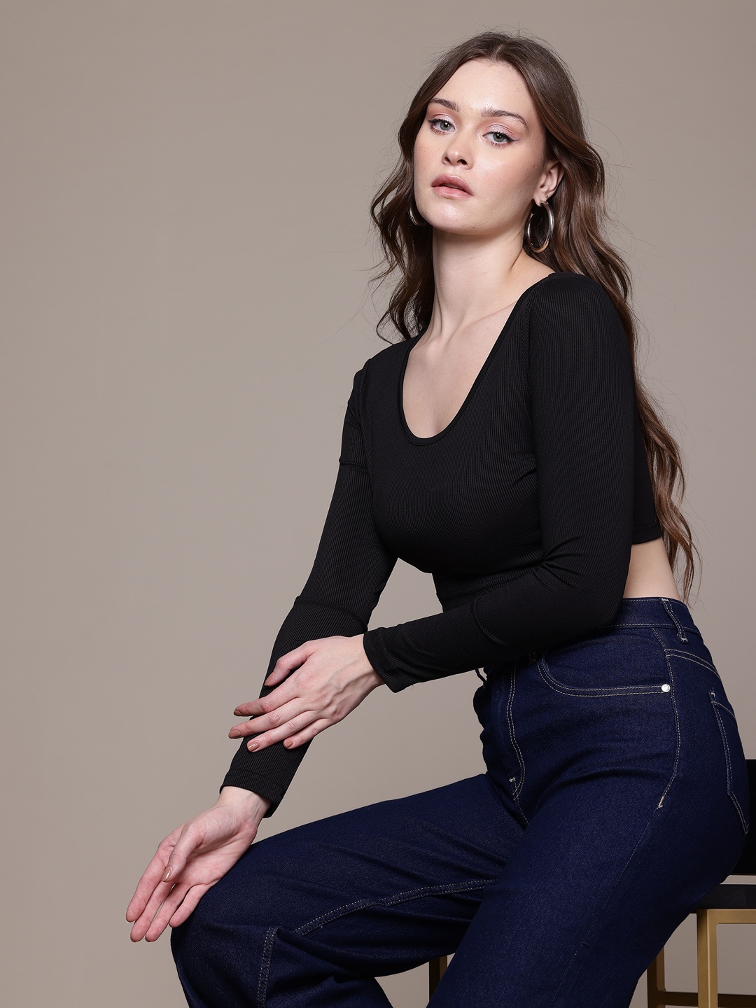 

bebe Brighter Basics Ribbed Crop Top, Black