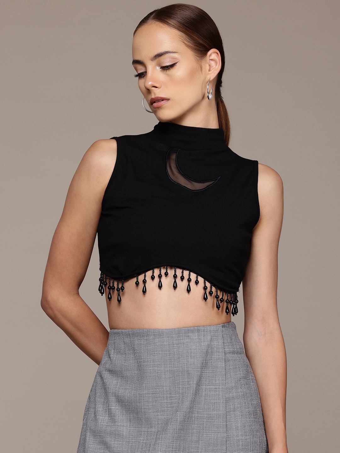 

bebe Future Glam Embellished Crop Top, Black