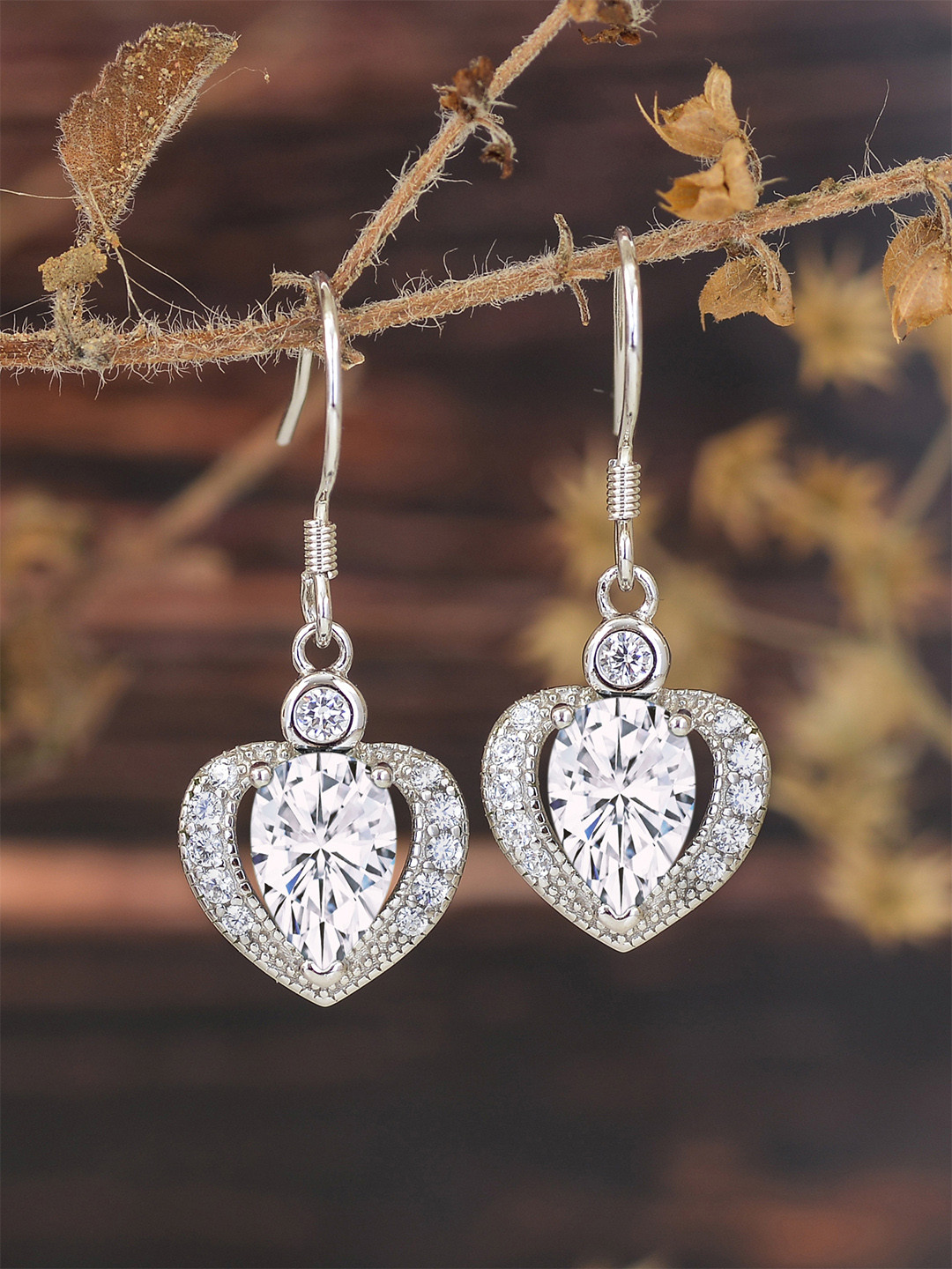 

Ornate Jewels 925 Sterling Silver American Diamond Heart Shaped Dangle Earrings