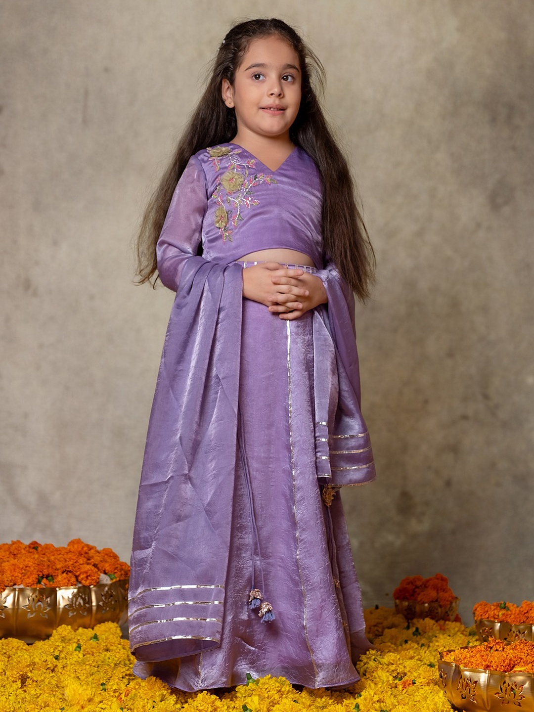 

Vivedkids Girls Embellished Thread Work Ready to Wear Lehenga & Blouse With Dupatta, Lavender