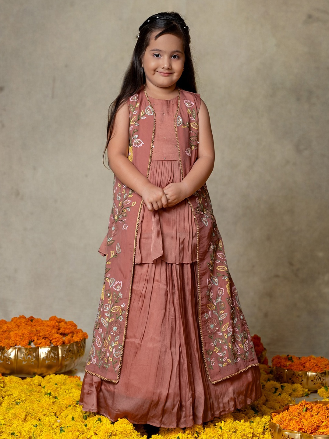 

Vivedkids Girls Embroidered Beads and Stones Ready to Wear Lehenga &, Pink