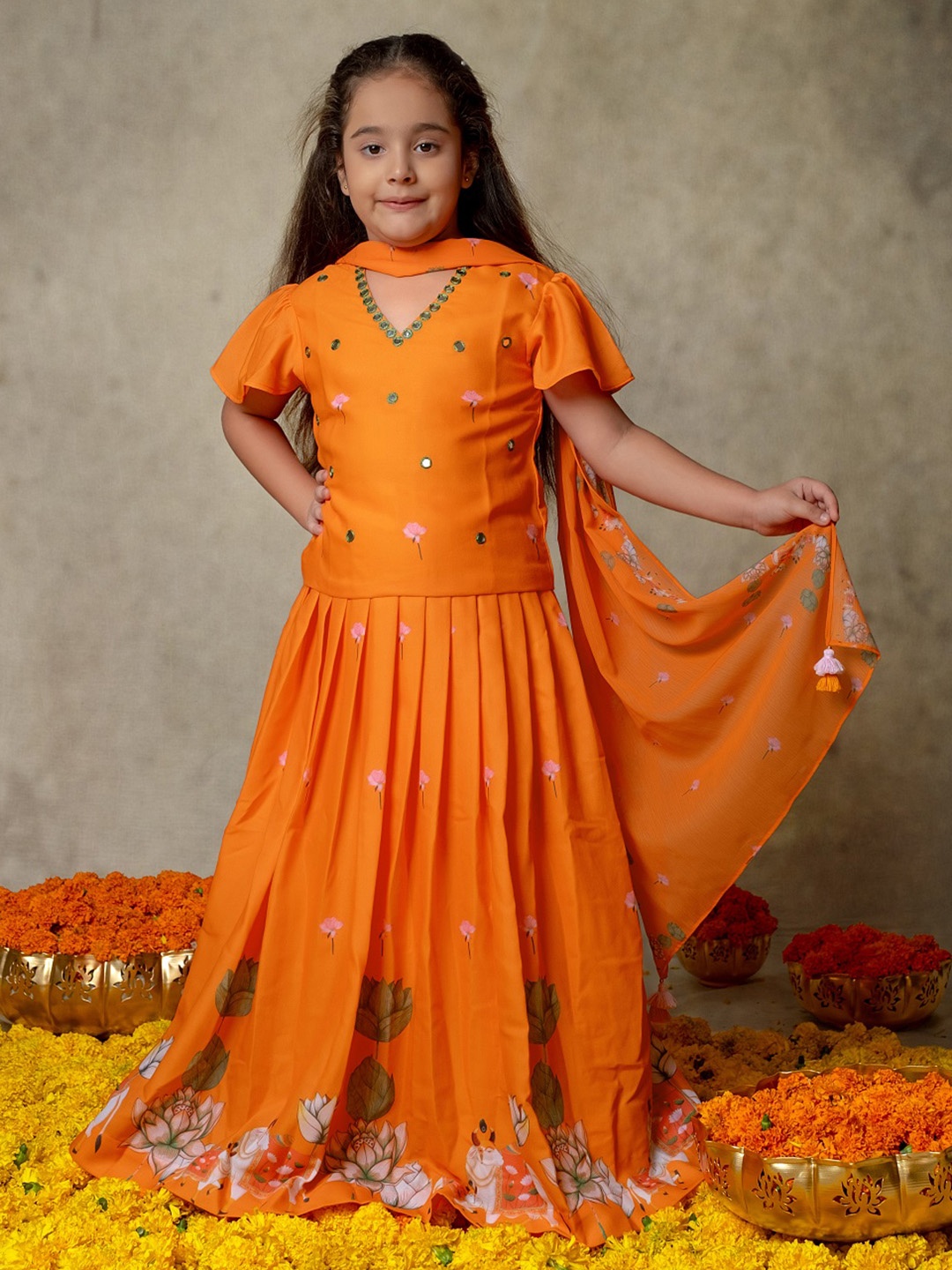 

Vivedkids Girls Printed Ready to Wear Lehenga & Blouse With Dupatta, Orange