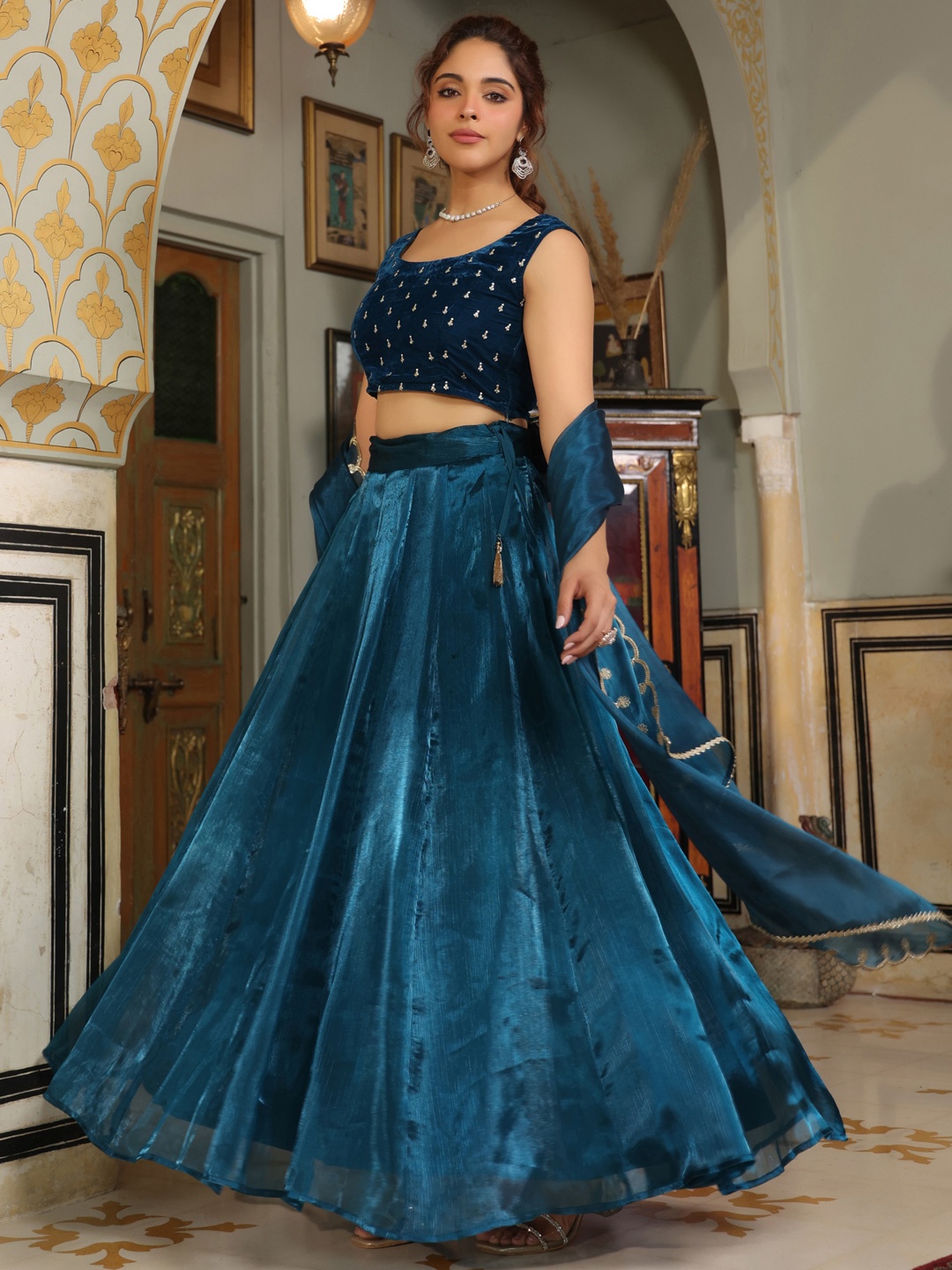 

Janasya Embroidered Ready to Wear Lehenga & Blouse With Dupatta, Teal