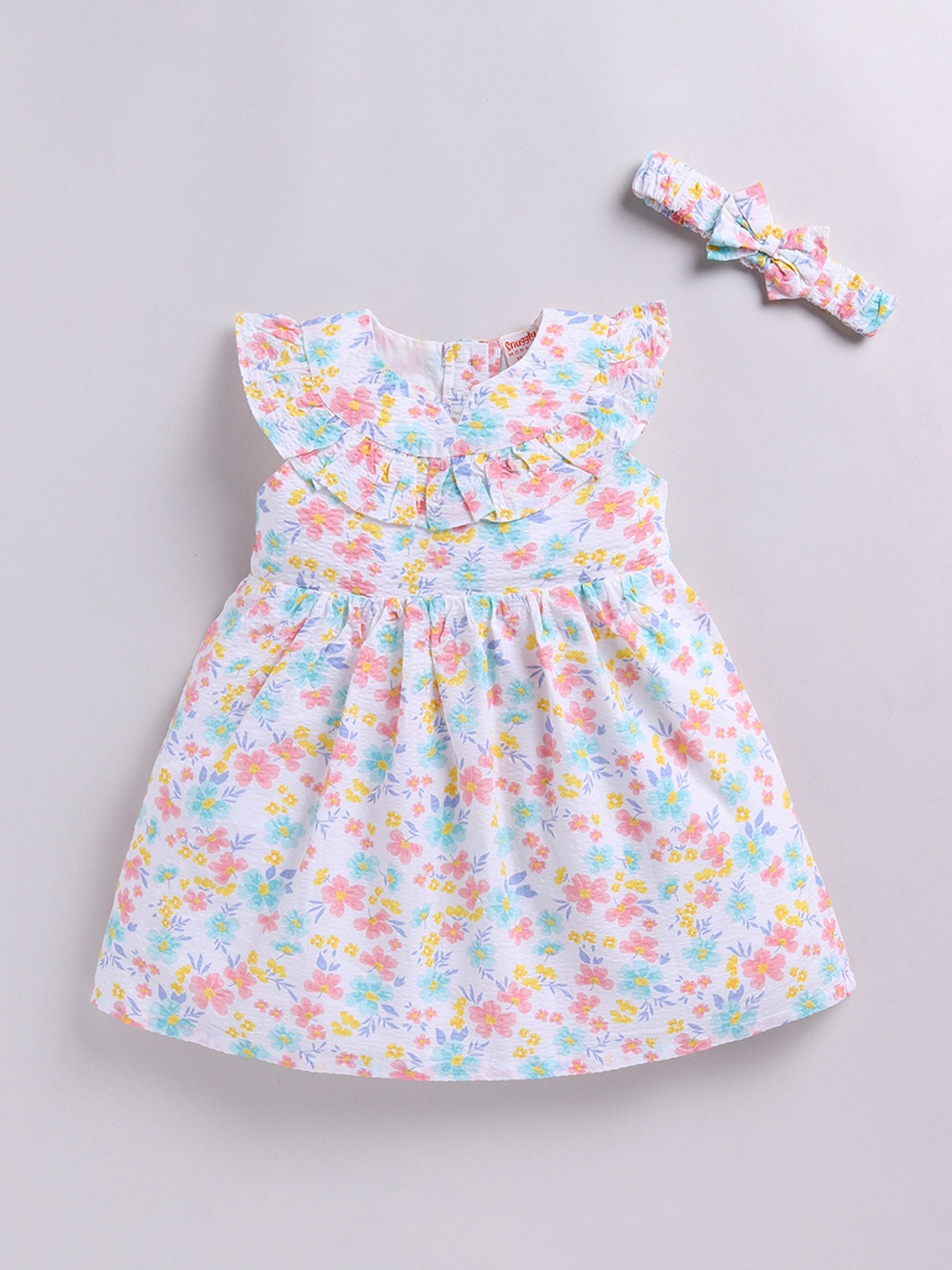 

SNUGGLY MONKEY Floral Printed Flutter Sleeve Layered Fit & Flare Dress With A Hairband, White