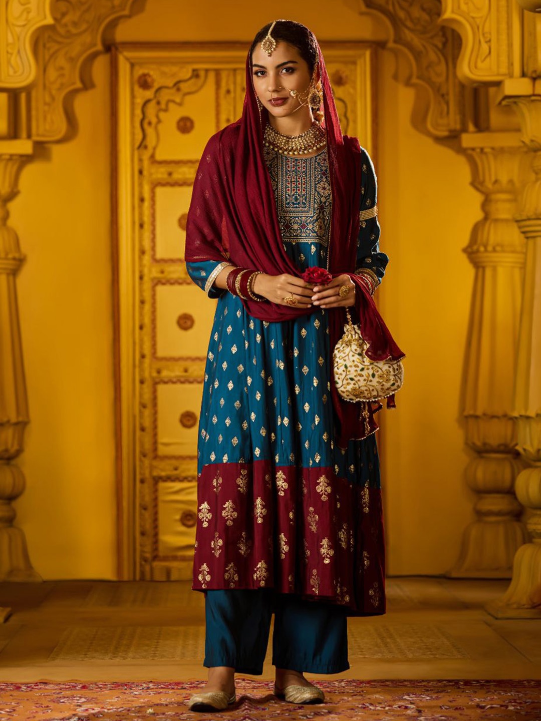 

Globus Women Ethnic Motifs Printed Panelled Thread Work Kurta with Trousers, Blue