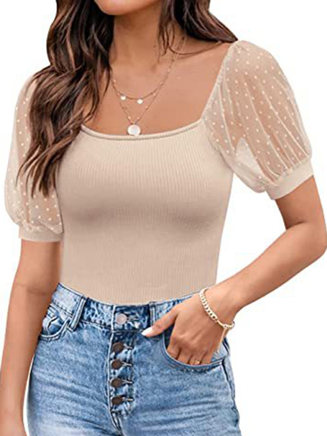 

HERE&NOW Puff Sleeve Cotton Top, Beige