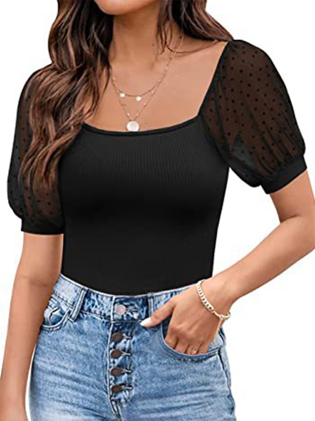 

HERE&NOW Puff Sleeve Square Neck Cotton Fitted Top, Black