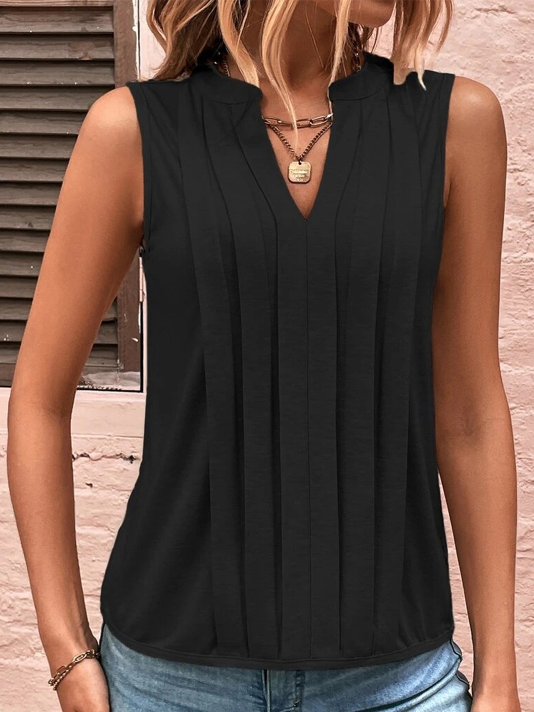 

HERE&NOW Mandarin Collar Solid Pleated Cotton Top, Black