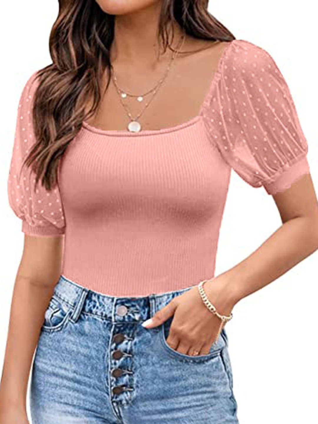 

HERE&NOW Puff Sleeve Cotton Crop Top, Pink