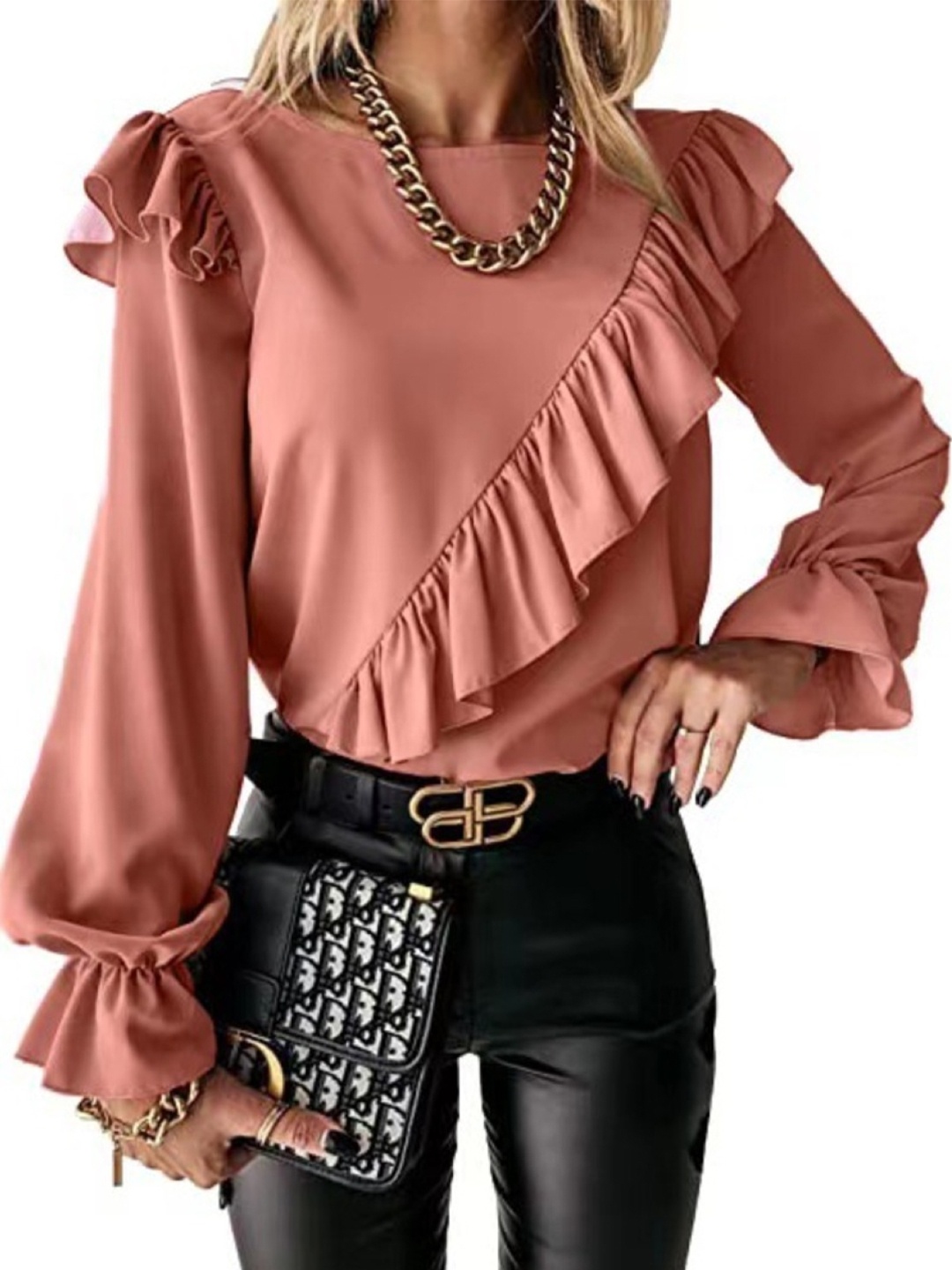 

HERE&NOW Solid Round Neck Bell Sleeves Top, Peach