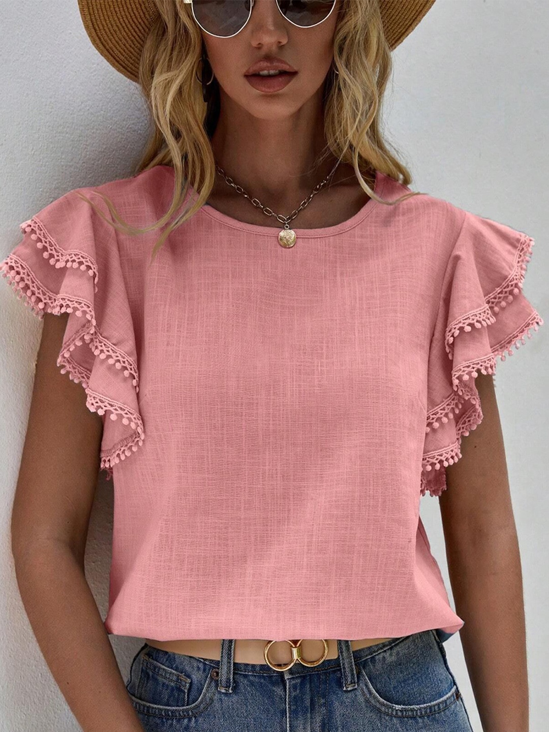 

HERE&NOW Flutter Sleeve Cotton Top, Pink