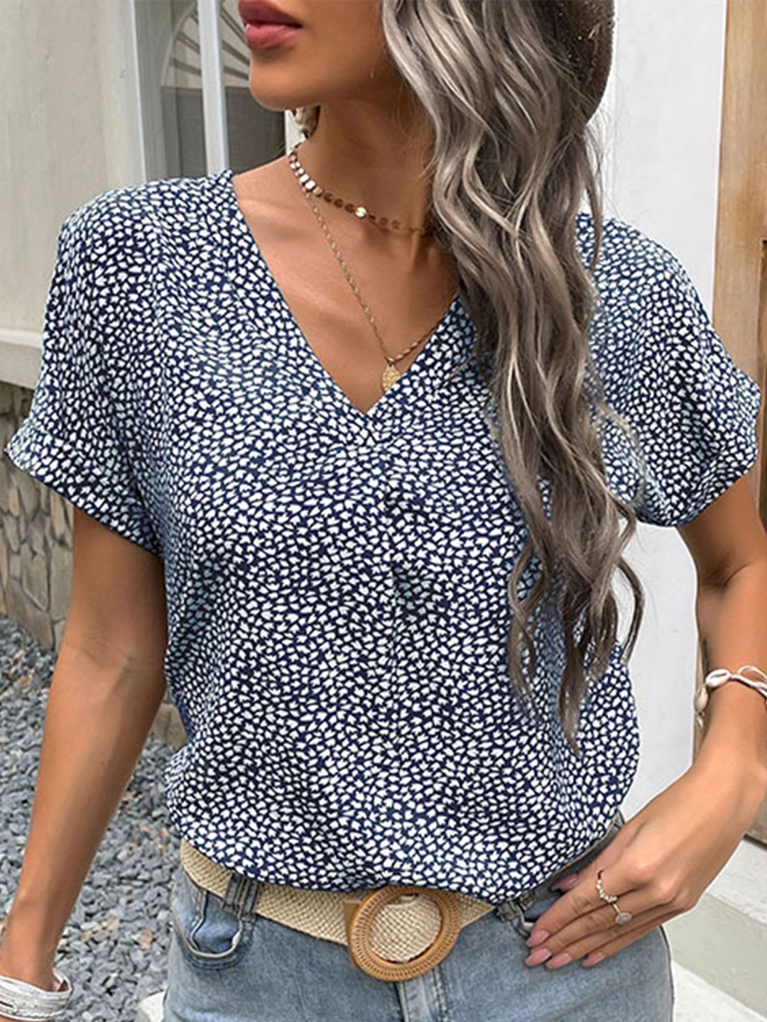 

HERE&NOW Geometric Print Extended Sleeves Top, Blue
