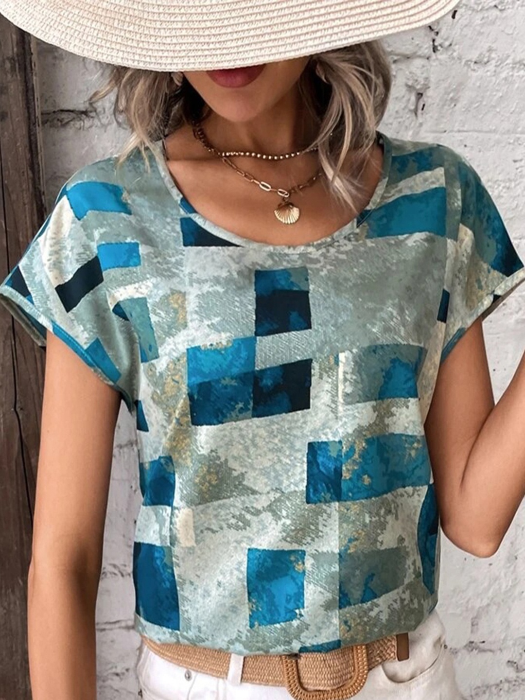 

HERE&NOW Geometric Printed Round Neck Boxy Top, Blue