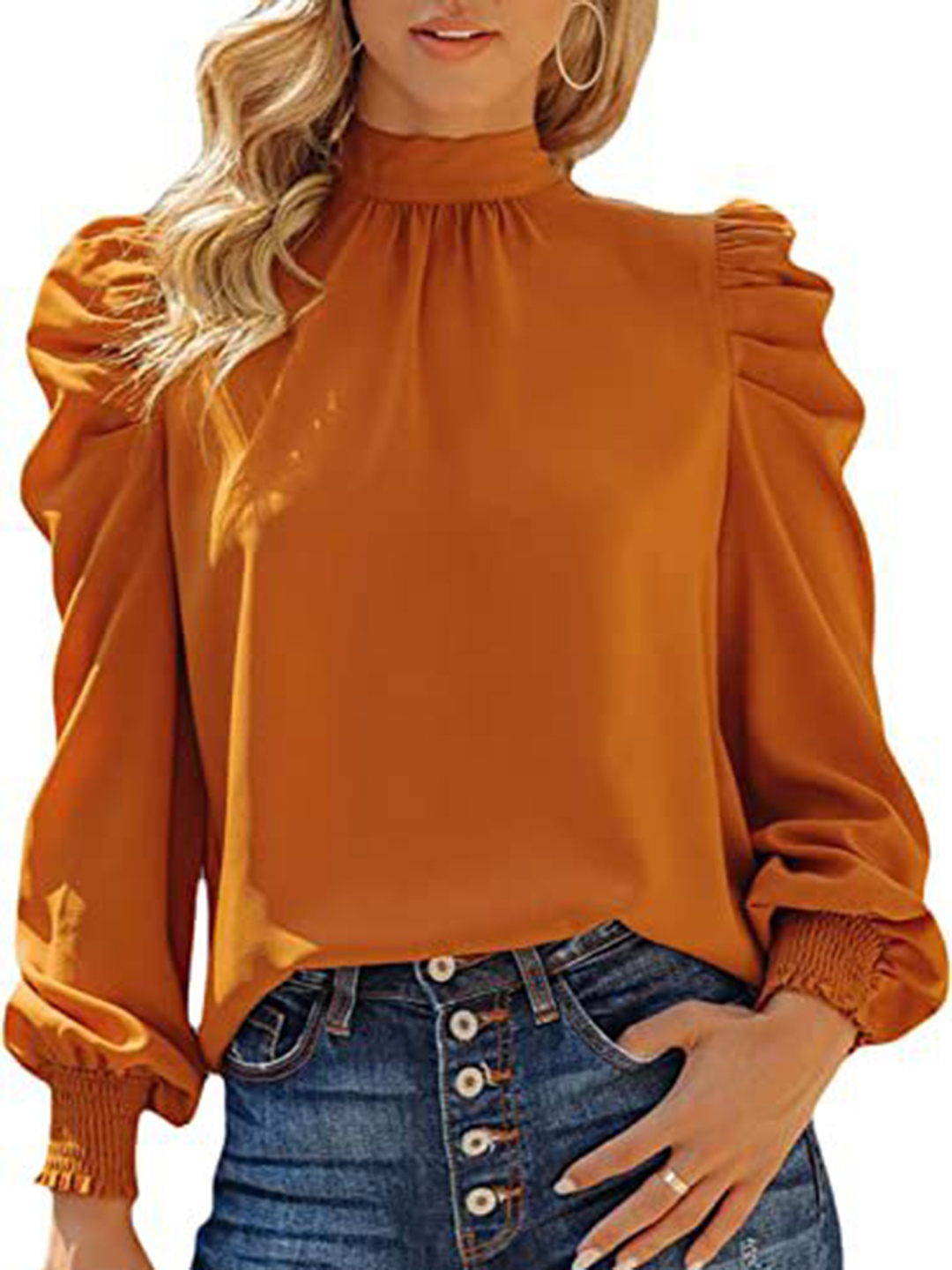 

HERE&NOW Solid High Neck Puff Sleeve Top, Mustard