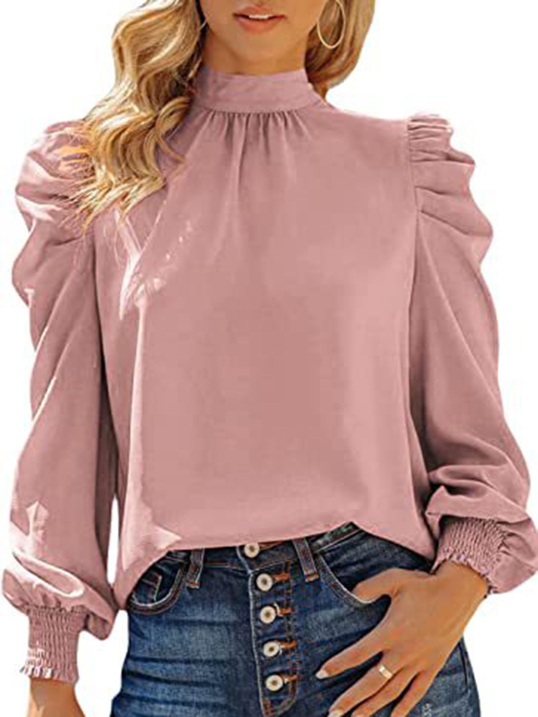 

HERE&NOW Solid High Neck Puff Sleeve Top, Pink