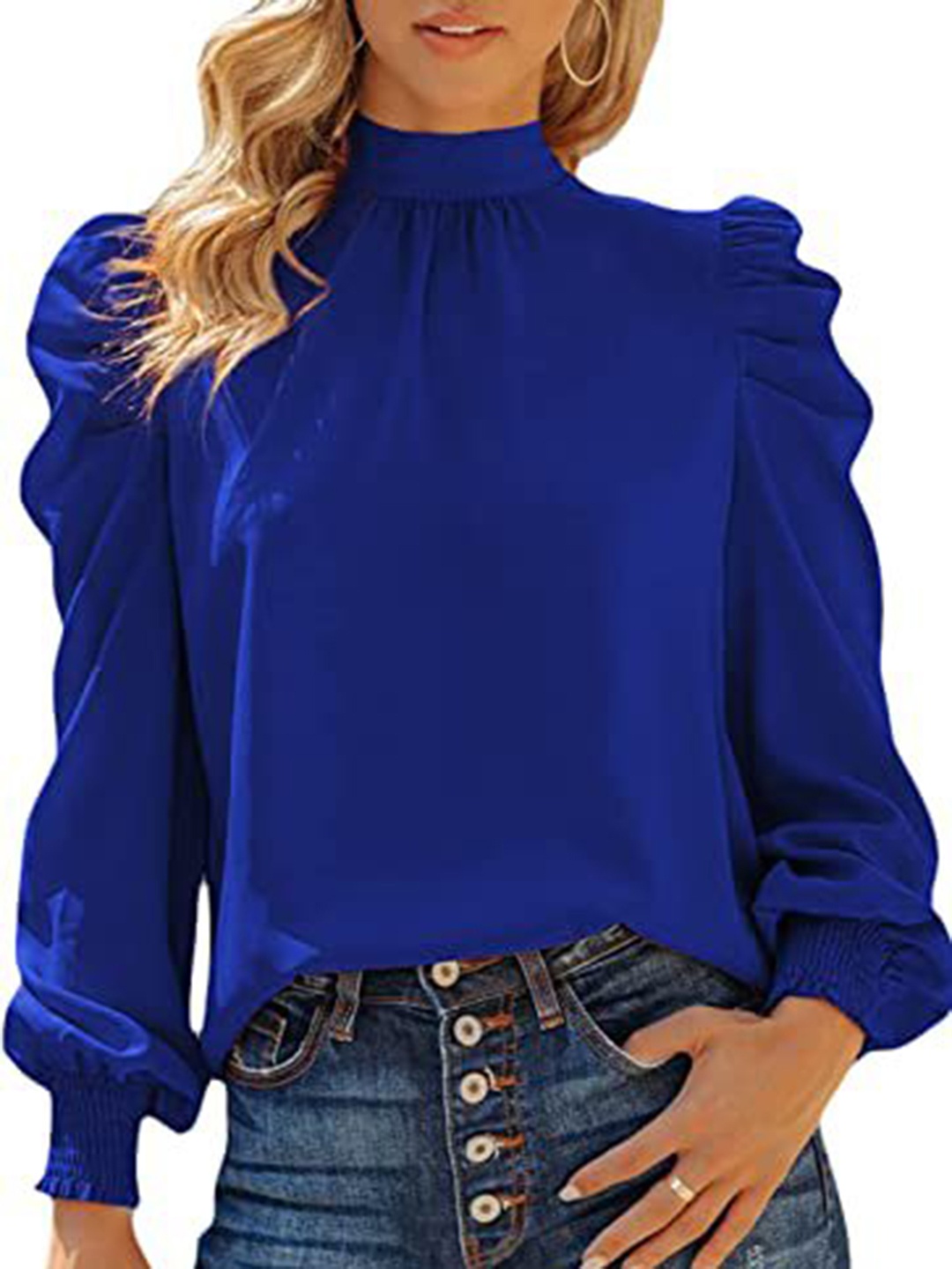 

HERE&NOW Solid High Neck Puff Sleeve Top, Blue