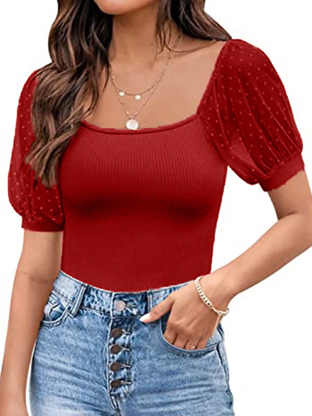 

HERE&NOW Puff Sleeve Cotton Crop Top, Maroon