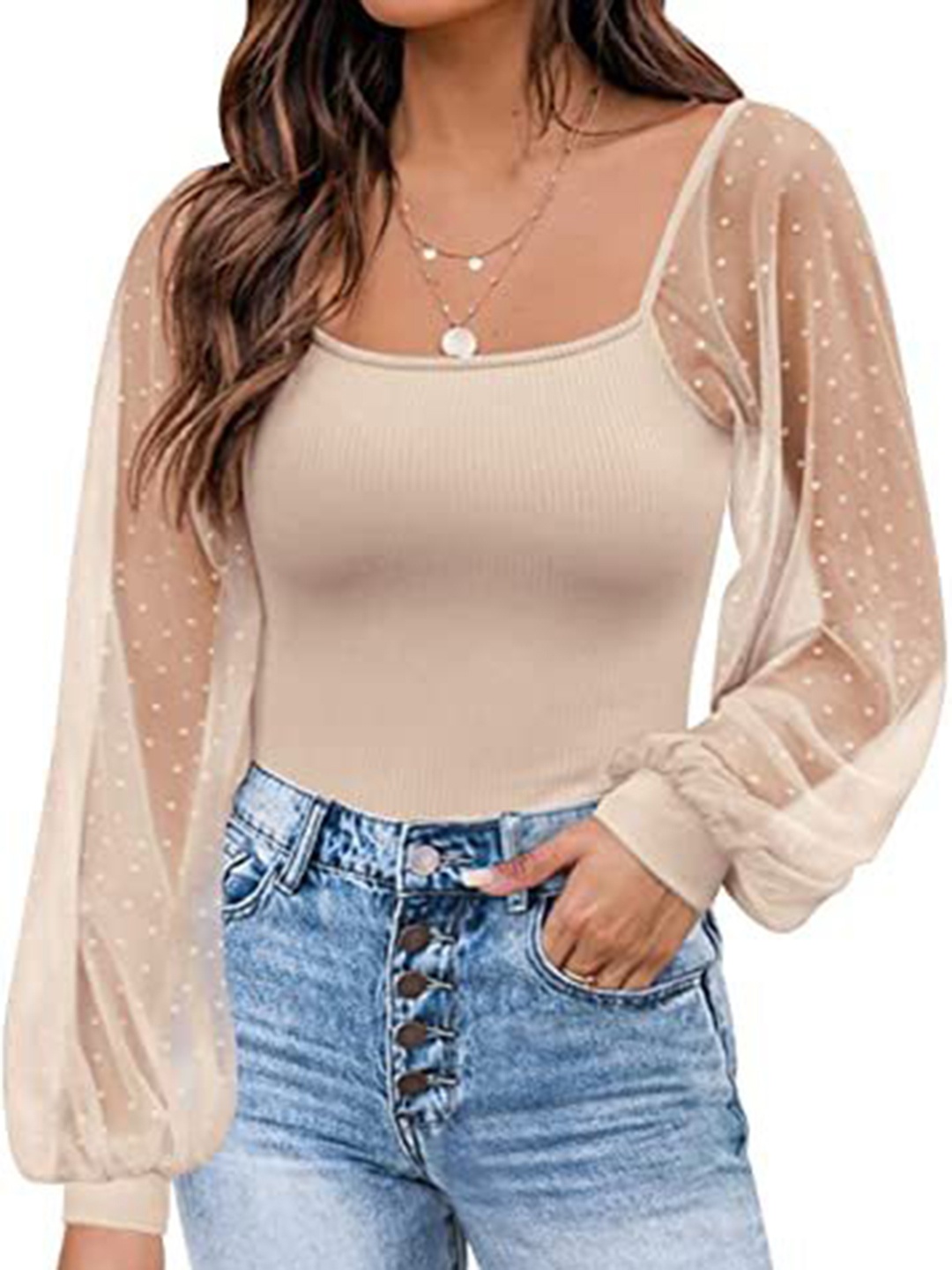 

HERE&NOW Solid Ribbed Puff Sleeves Cotton Top, Beige