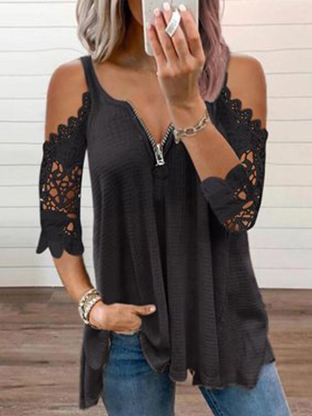 

HERE&NOW Women Cold-Shoulder Self Design Cotton Top, Black