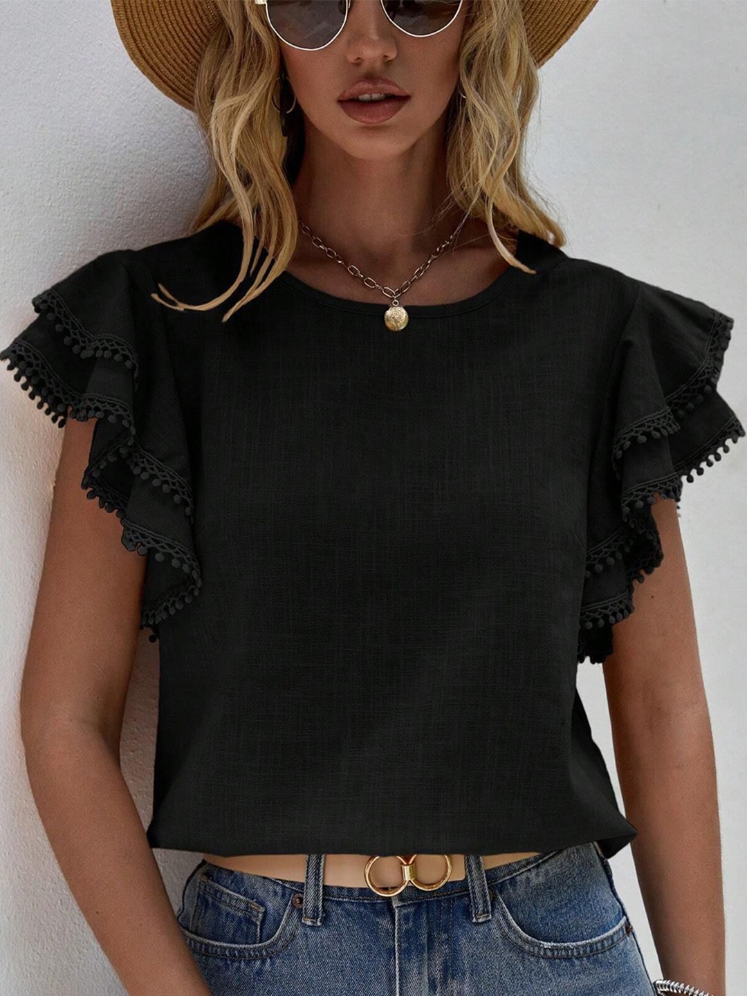 

HERE&NOW Flutter Sleeve Cotton Crop Top, Black
