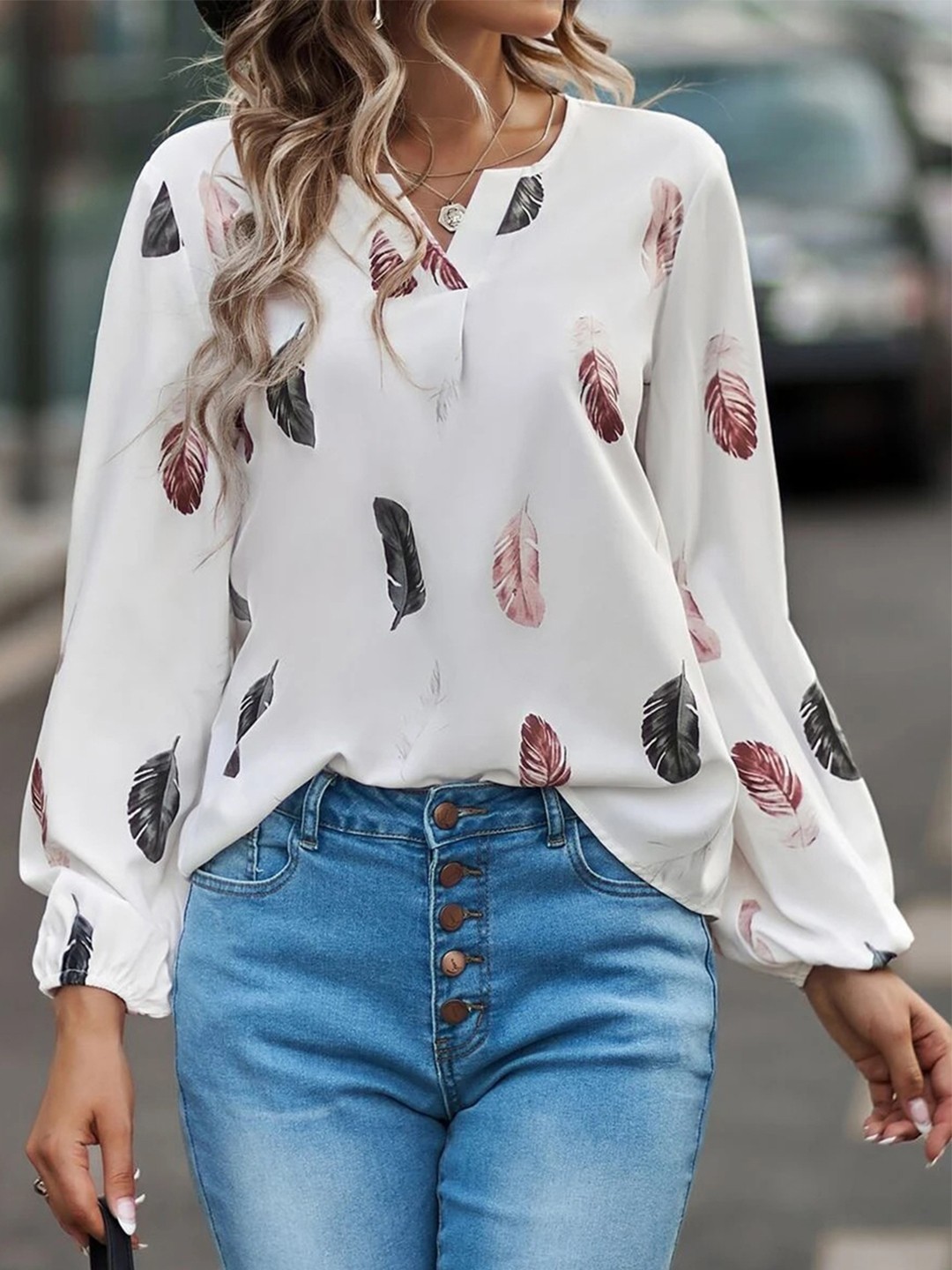 

HERE&NOW Print Tie-Up Neck Puff Sleeve Top, White
