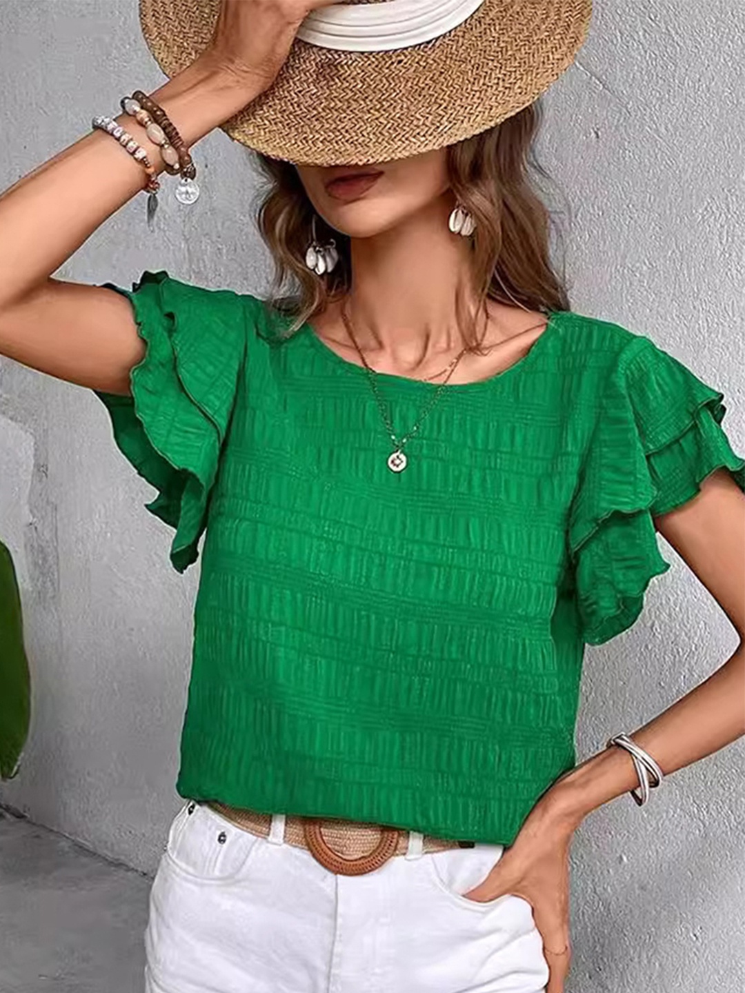 

HERE&NOW Striped Flutter Sleeve Top, Green