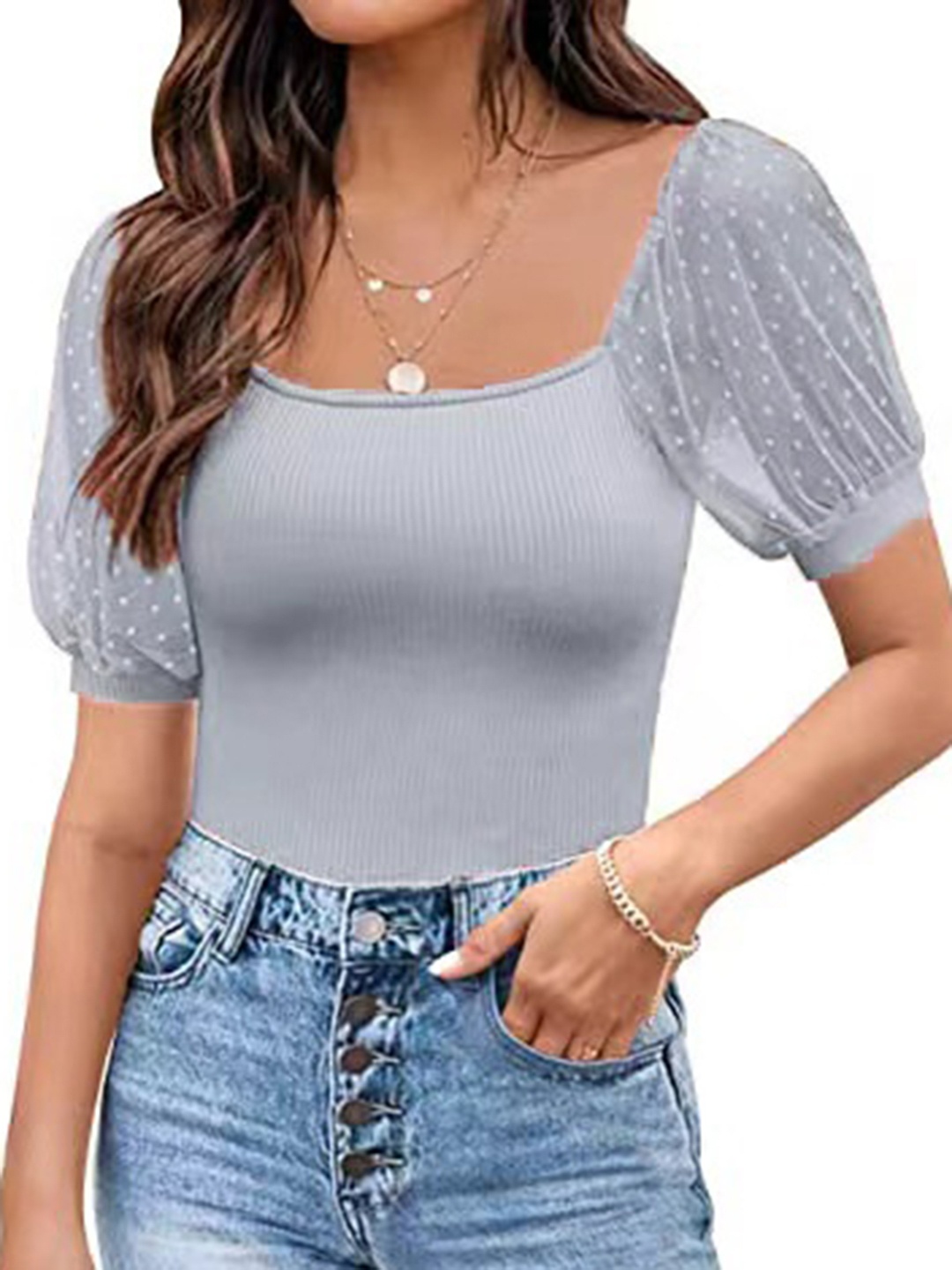 

HERE&NOW Women Solid Puff Sleeve Cotton Top, Grey