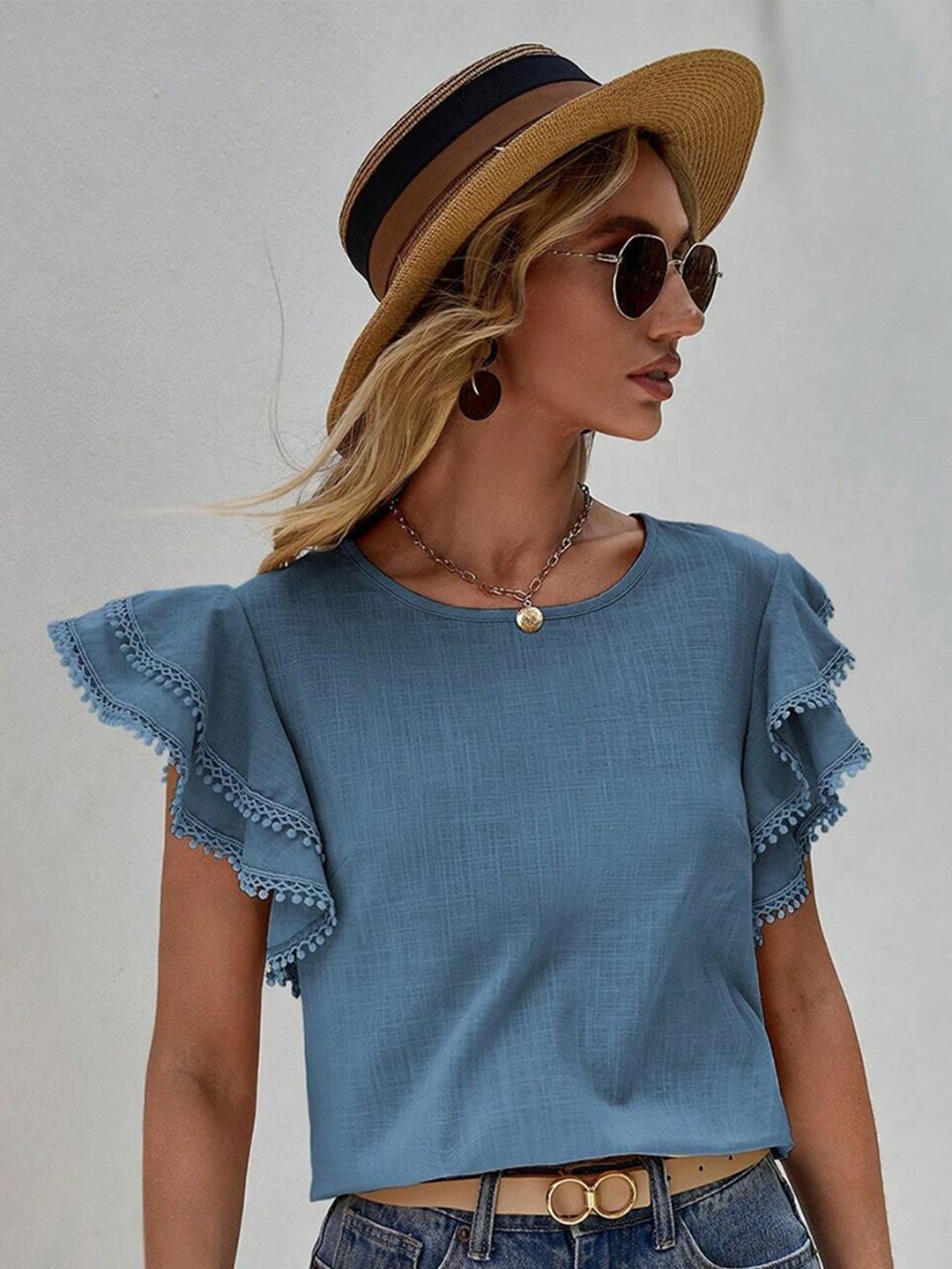 

HERE&NOW Flutter Sleeve Cotton Top, Blue