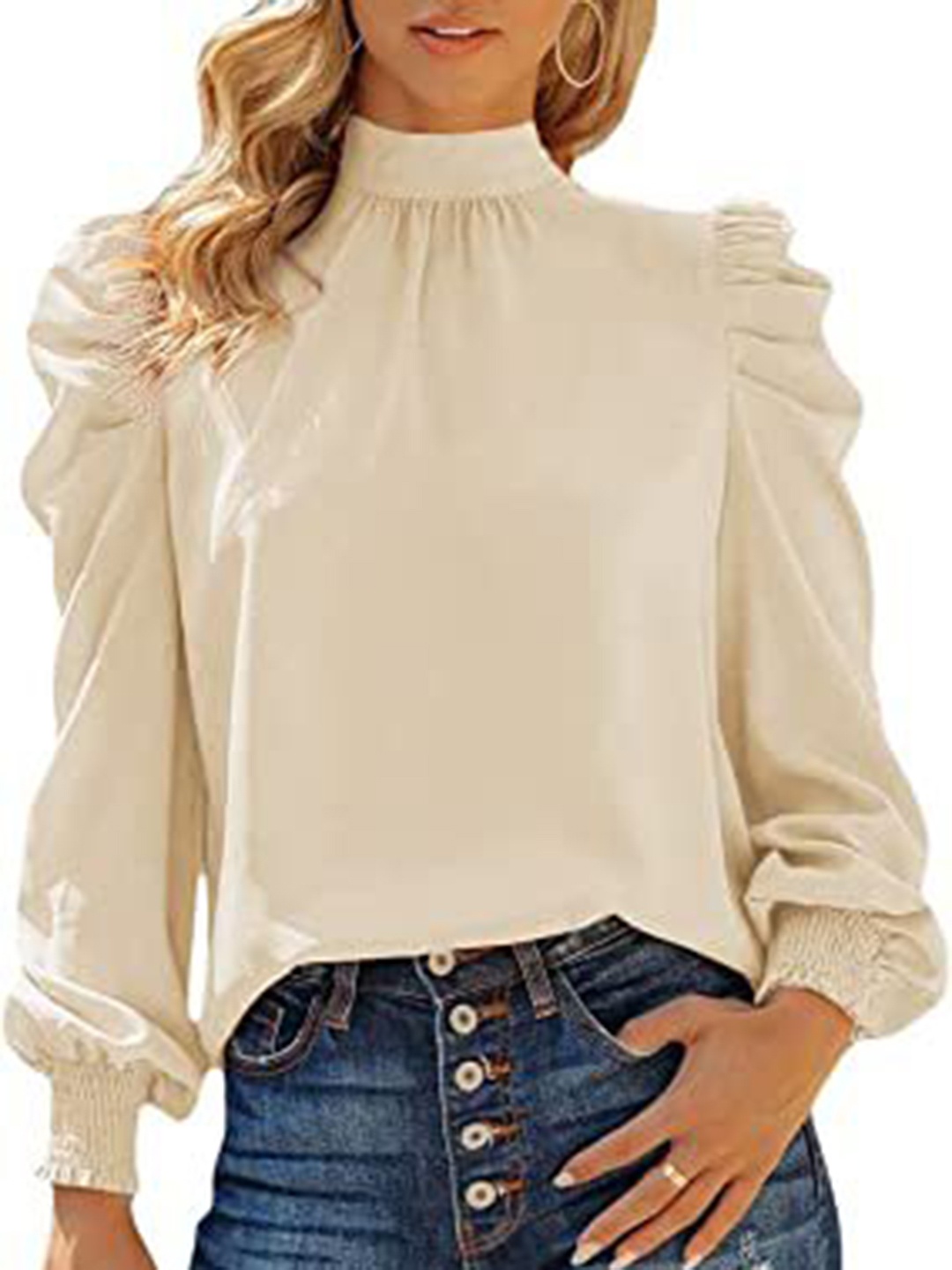 

HERE&NOW Solid High Neck Puff Sleeve Top, Off white