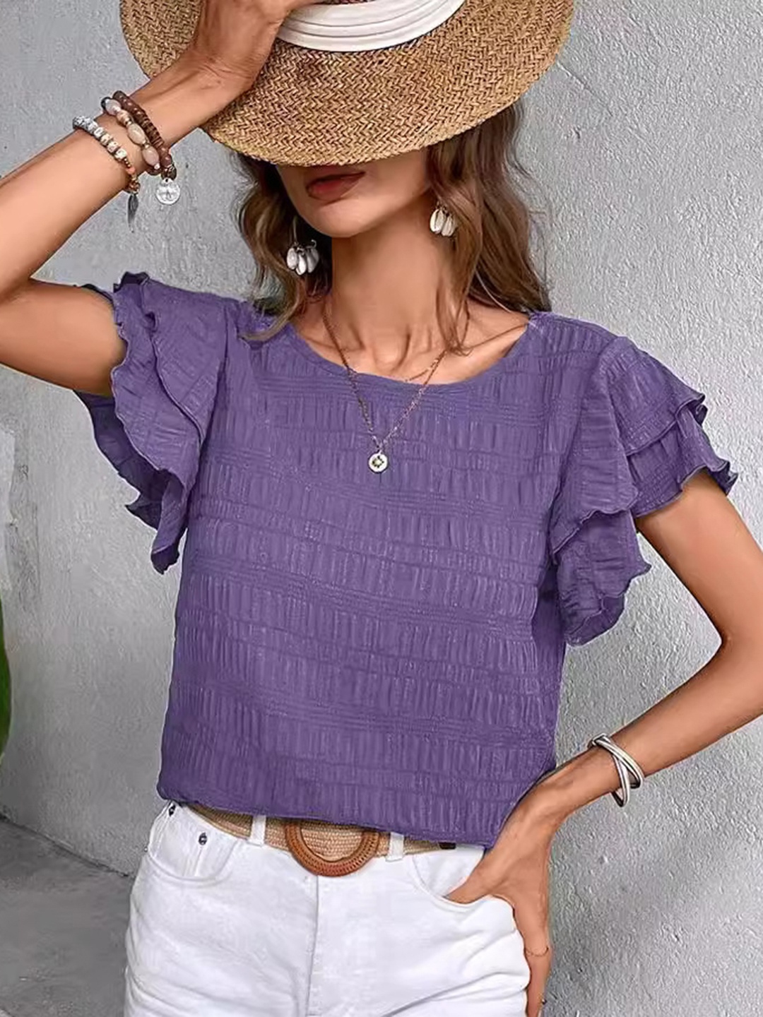 

HERE&NOW Solid Round Neck Flutter Sleeves Top, Purple
