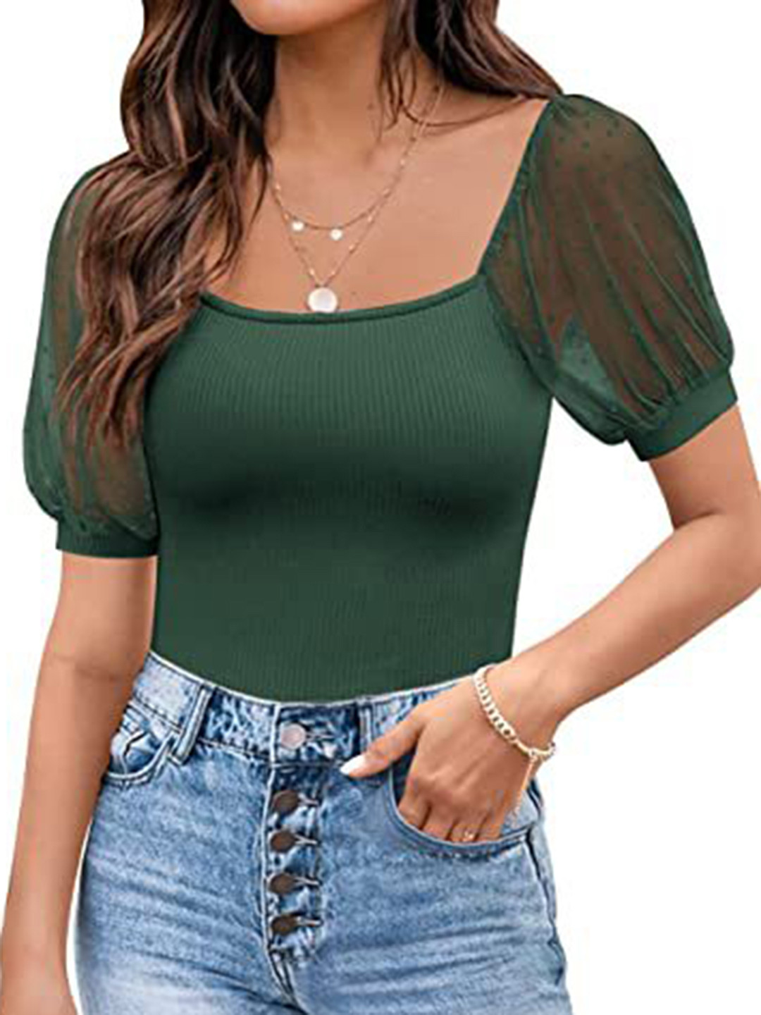 

HERE&NOW Puff Sleeve Square Neck Cotton Fitted Top, Green
