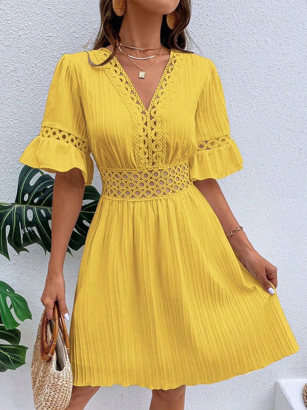 

HERE&NOW V-Neck Embroidered Bell Sleeve Fit & Flare Dress, Yellow