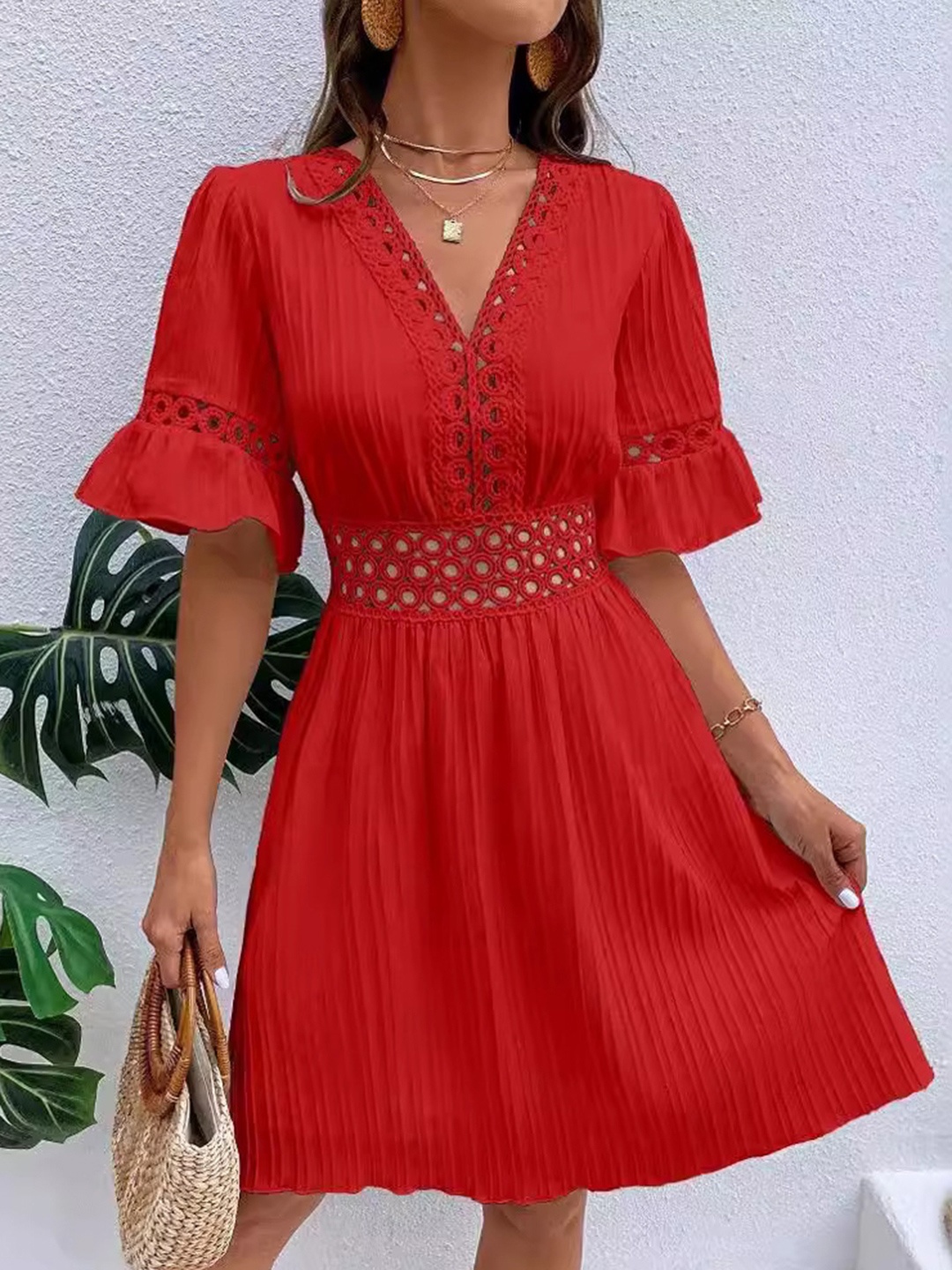 

HERE&NOW Embroidered Bell Sleeve Pleated Fit & Flare Dress, Red