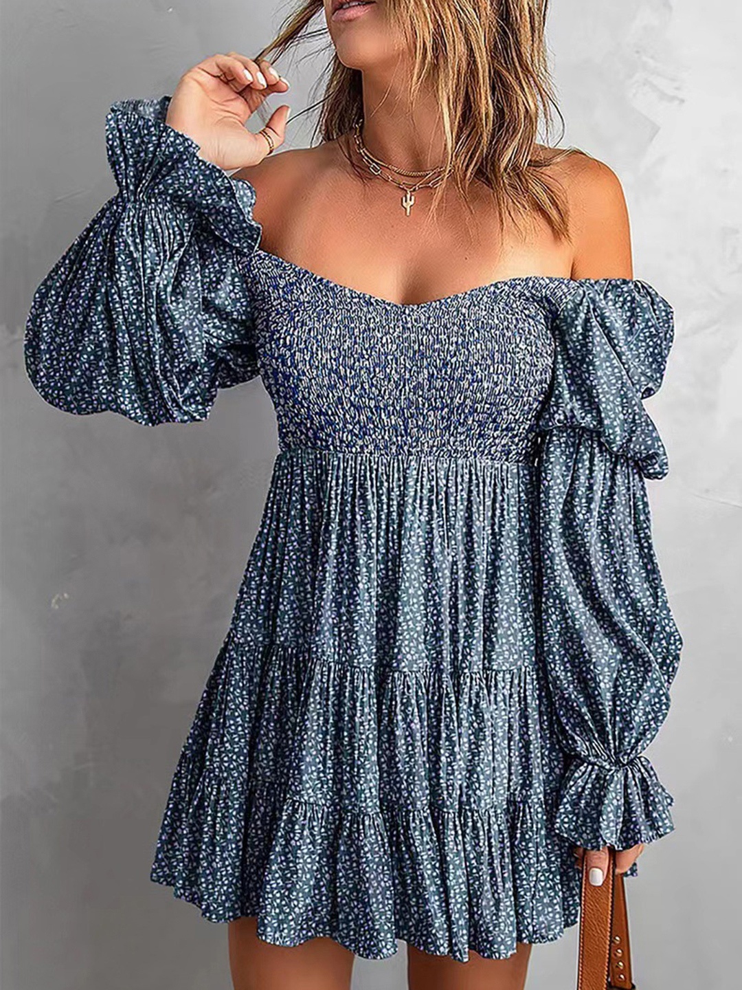 

HERE&NOW Printed Off-Shoulder Puff Sleeve A-Line Dress, Blue