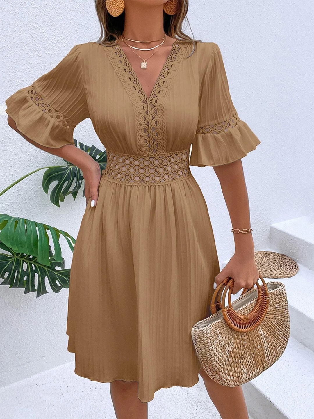 

HERE&NOW Women Bell Sleeve Fit & Flare Dress, Khaki