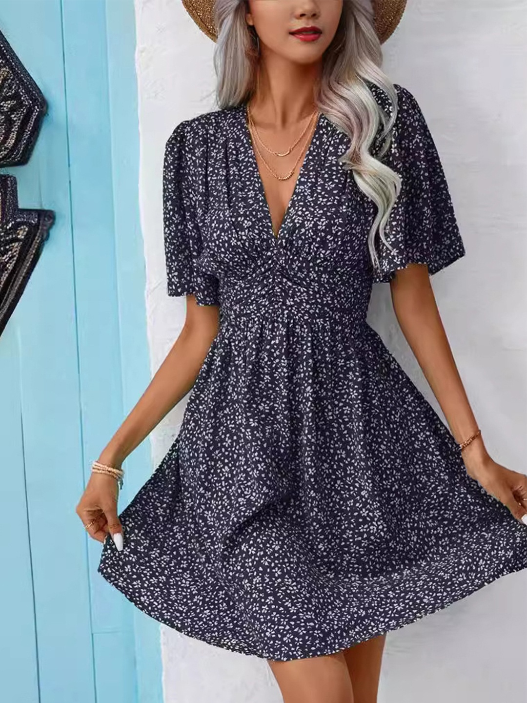

HERE&NOW Floral Printed Flared Sleeve Fit & Flare Dress, Black
